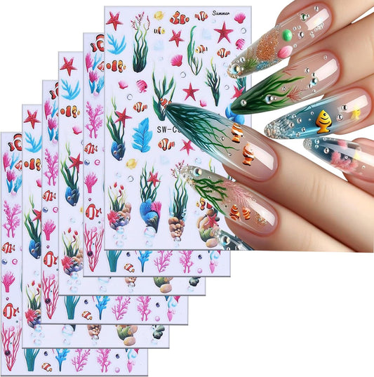 6 Sheets Ocean Plant Nail Art Stickers 3D Self -Adhesive Colorful Seaweed Shell Nail Decals Holographic Cute Fish Starfish Bubbles Nail Stickers Summer Nail Decoration for Women Manicure Supplies
