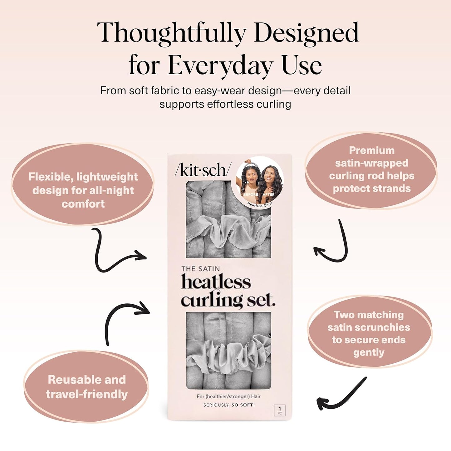 Kitsch Satin Heatless Curling Set – Heatless Hair Curler for Women, Hair Curler to Sleep In - with 2 Satin Scrunchies for Overnight Curls – No Heat Damage Styling with Heatless Curler - Silver