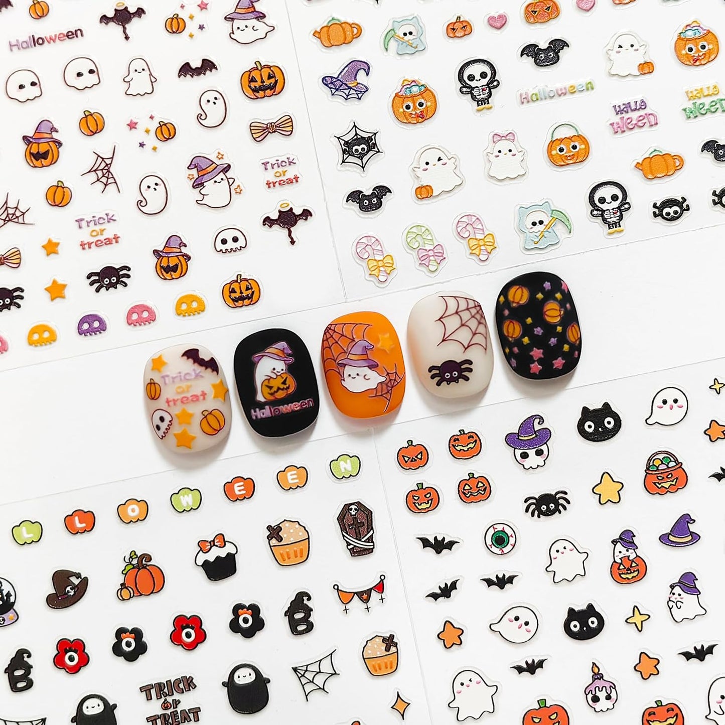 4 Sheets of 3D Halloween Nail Stickers - 316 Cute Nail Decals - Embossed Kawaii Nail Stickers for Kids | Cute Halloween Theme - Ghosts, Pumpkins, Bats, Spiders, Cats, Candy | Glow in The Dark