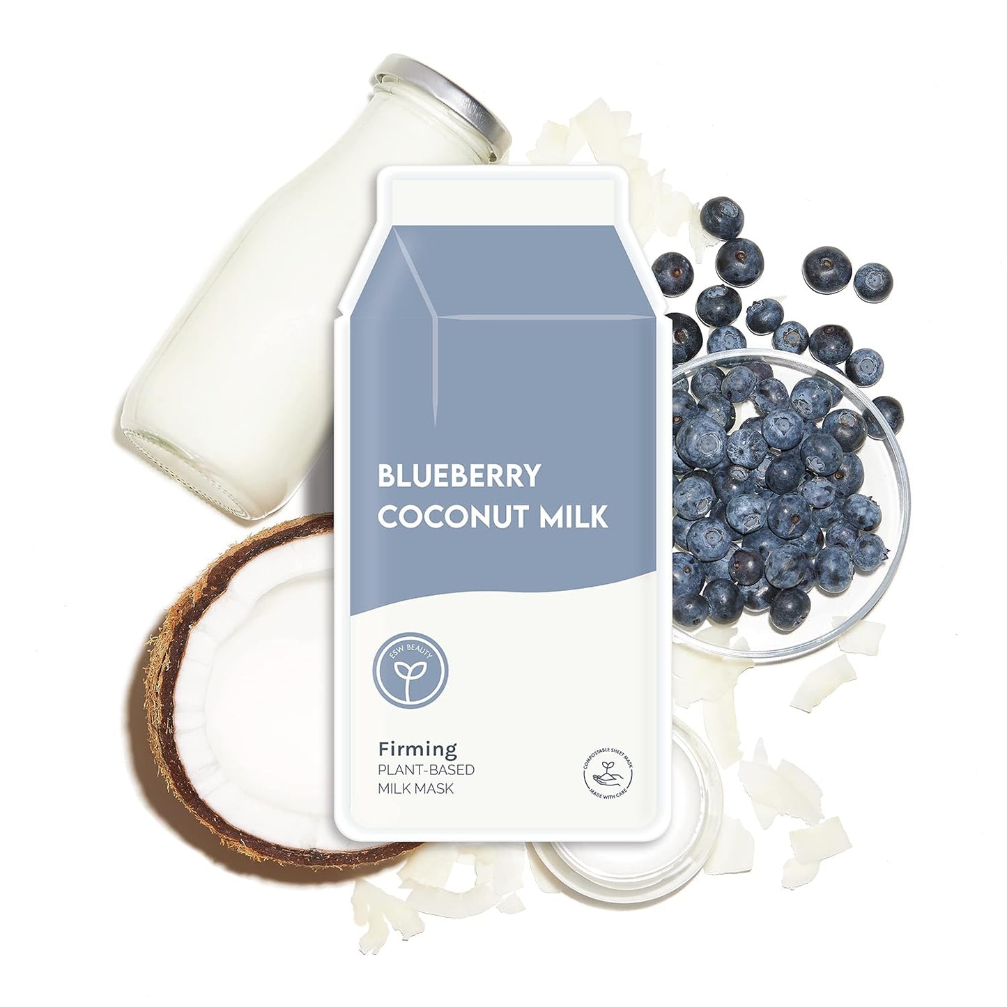 ESW Beauty Blueberry Coconut Milk - Firming Plant-Based Milk Face Mask (6-Pack) - Rejuvenating with Blueberry & Coconut for Mature Skin - Firms & Reduces Fine Lines