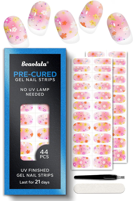 Pre Cured Gel Nail Strips - 44PCS Salon Quality Gel Nail Stickers - Long Lasting Polish Wraps for Women no UV Light Needed Easy Apply& Remove (Strawberry Pink)