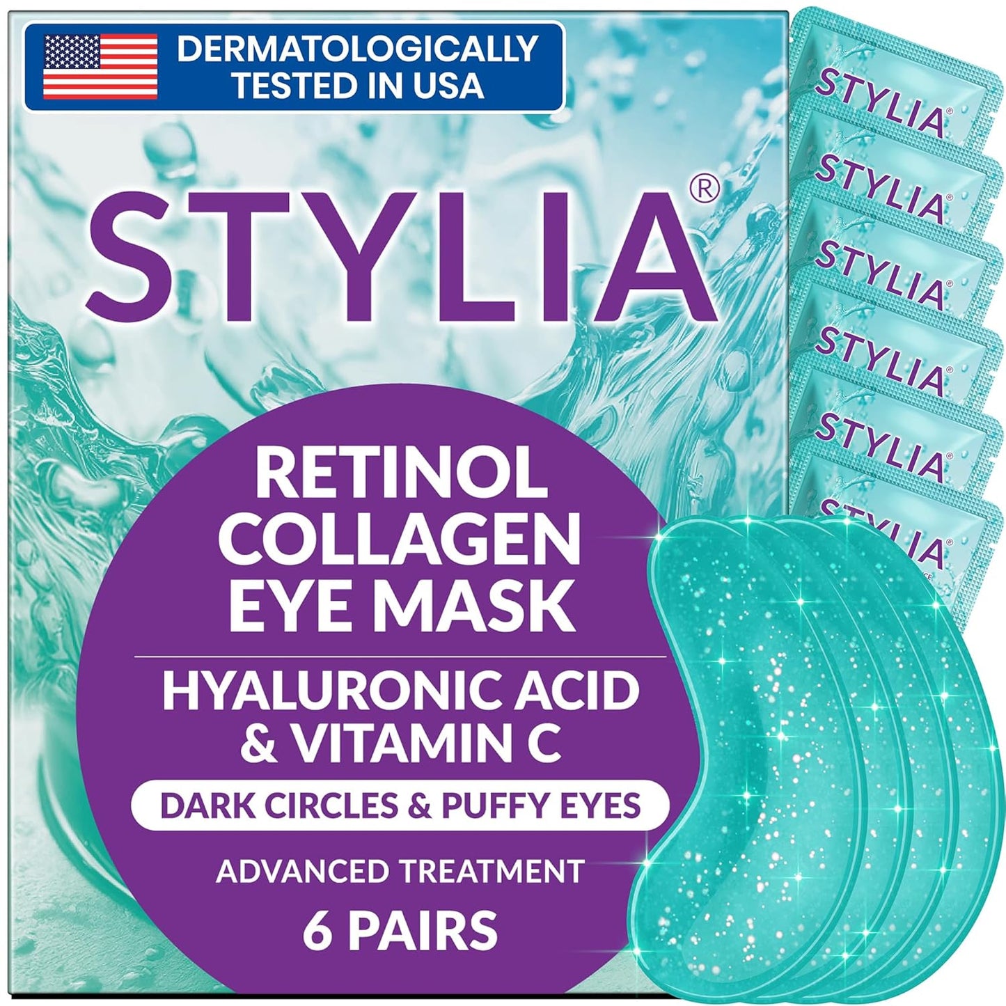 Stylia Under Eye Patches for Puffy Eyes and Dark Circles (6 Pairs) - Marine Collagen Under Eye Mask with Retinol, Vitamin C, Hyaluronic Acid, Pearl Extract - Eye Masks for Dark Circles and Puffiness