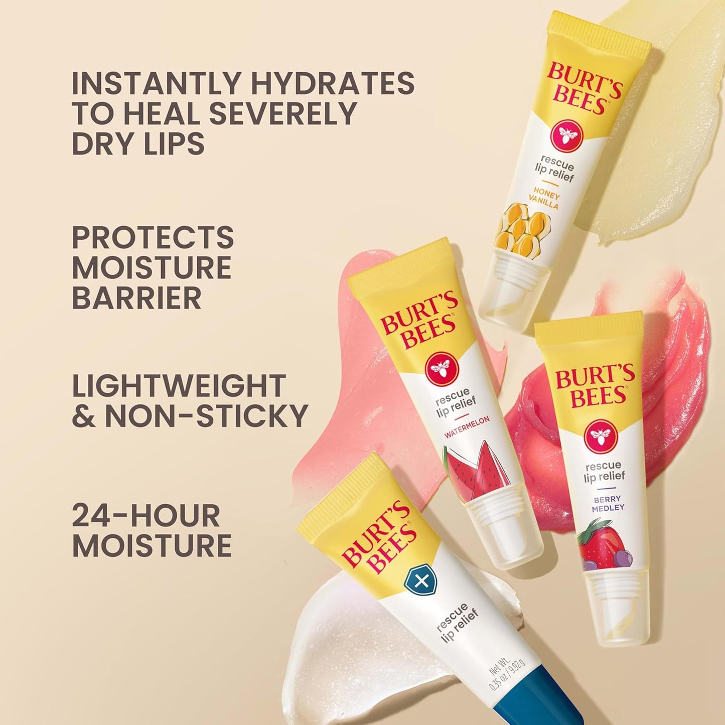 Burt's Bees Rescue Lip Relief, Berry Medley, Hydrating Lip Balm for Dry Cracked Lips, with Responsbily Sourced Beeswax and Shea Butter, 100% Natural Origin, 1 Squeezy Tube, 0.35oz
