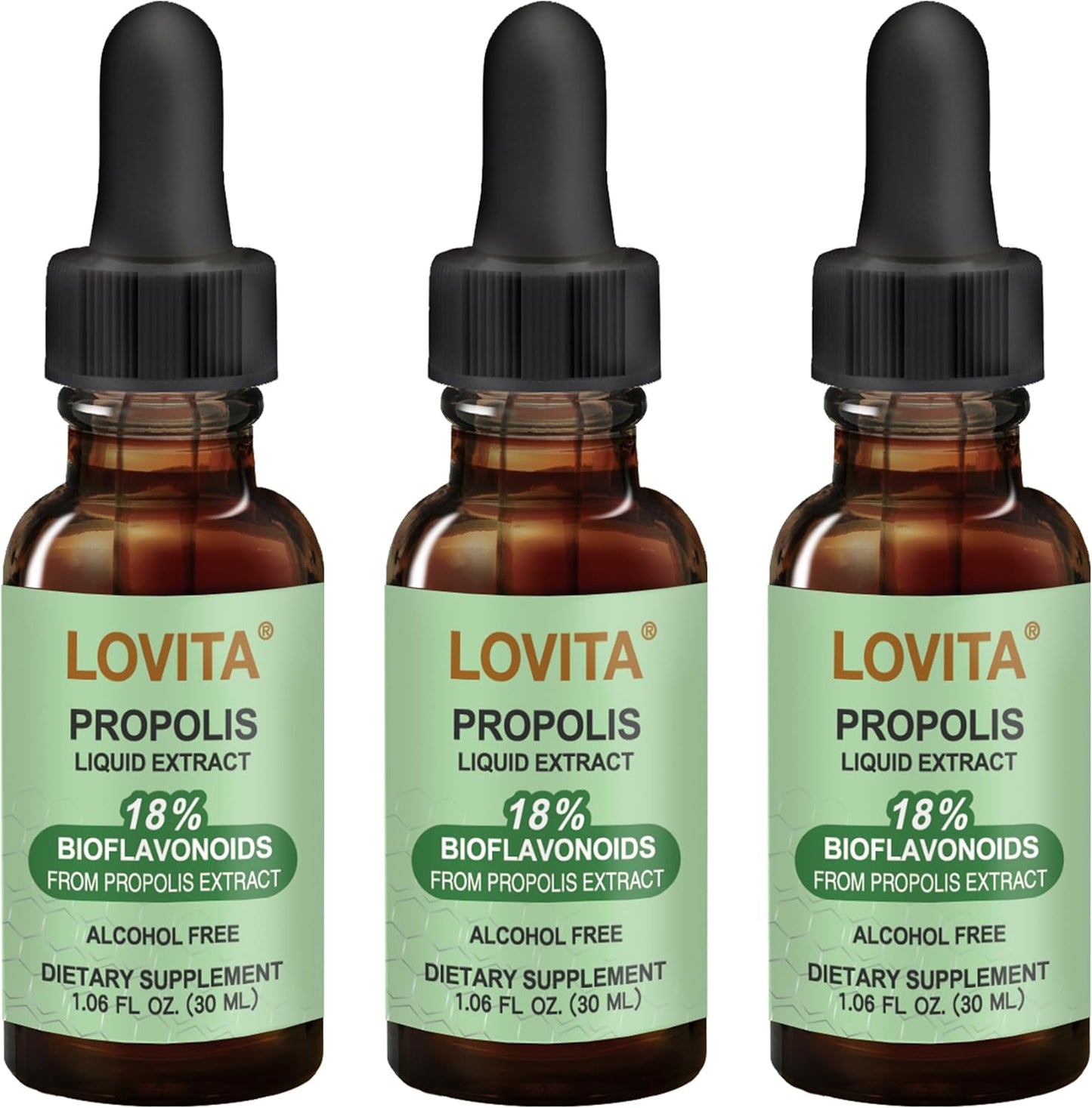 Lovita Bee Propolis Liquid Extract 500mg, 5:1 Resin Drops with 18% Bioflavonoids, Alcohol-Free Antioxidant, Immune Support & Throat Soothing, Gluten-Free, Non-GMO, 1 Fl Oz (30 mL), 90 Day Supply
