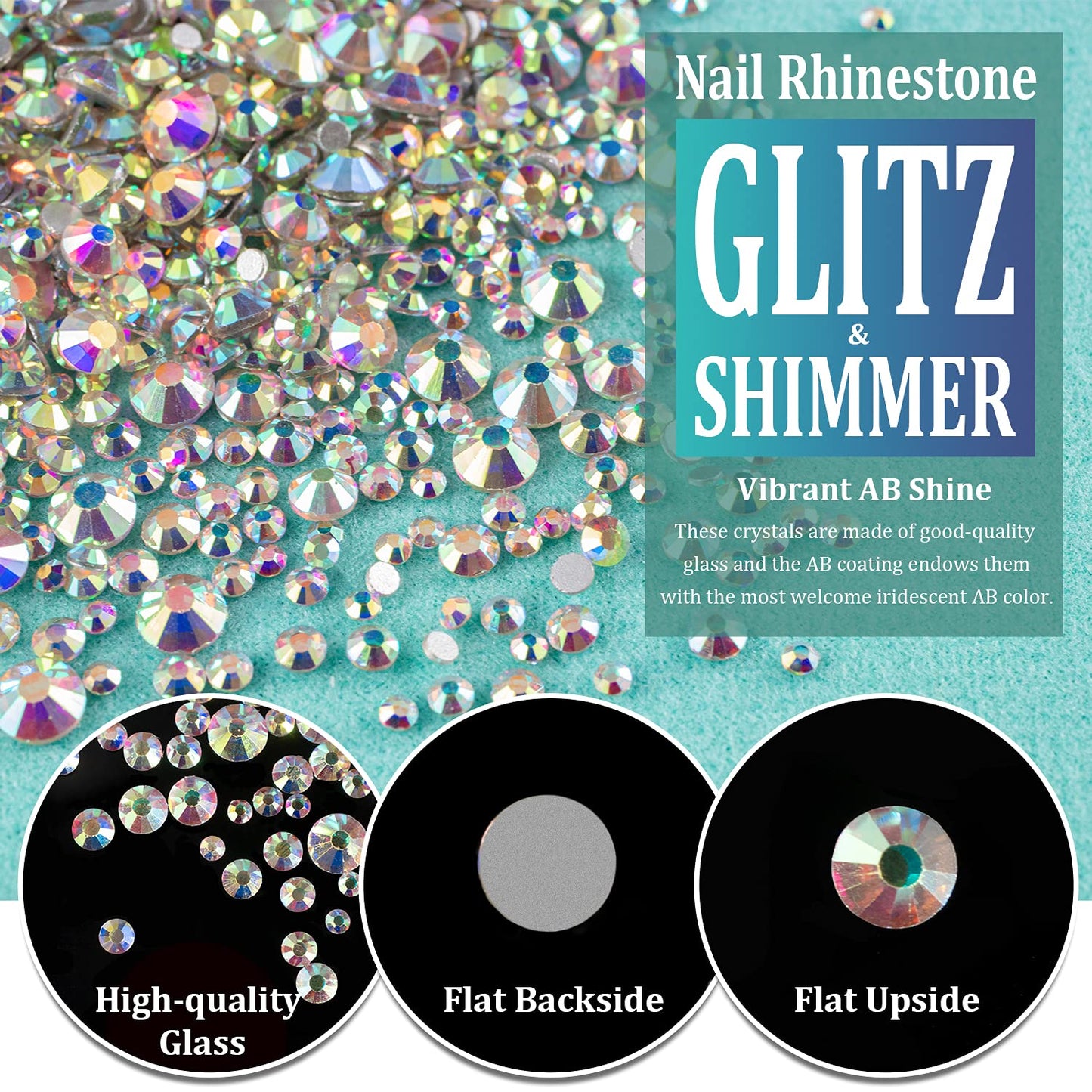 6 Sizes AB Glass Crystal Kit with Pickup Pen + Tweezer Tools for Iridescent Shine Nail Art Manicure Makeup DIY Decoration Flatback Round Rhinestone Gem Jewelry Diamond