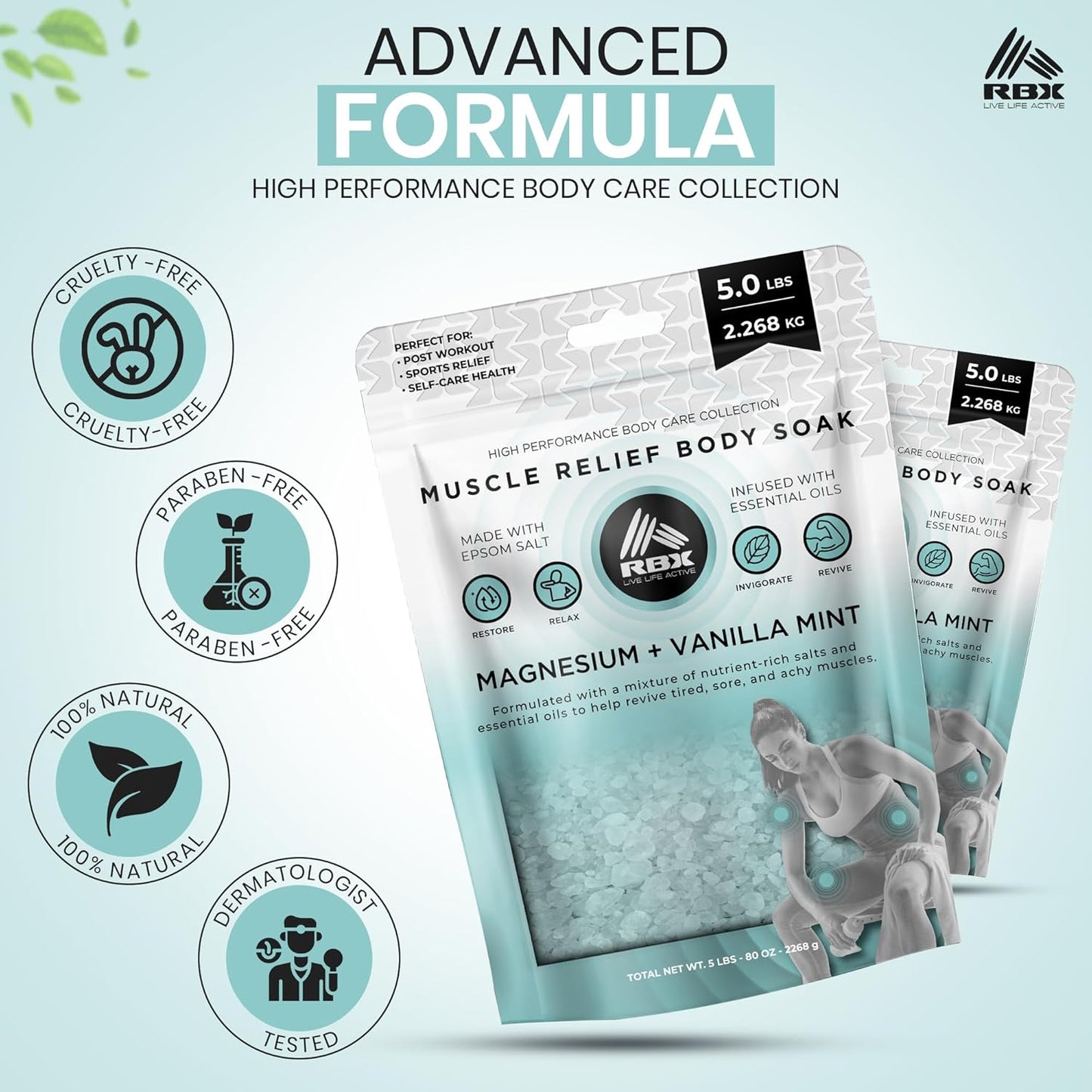 RBX Muscle Relief Epsom Salt Bath Soak – Magnesium Flakes & Bath Salts for Soothing Sore Muscles, Pain Relief, Foot Detox Soak – Vanilla Mint Scent – 5 lb Bag
