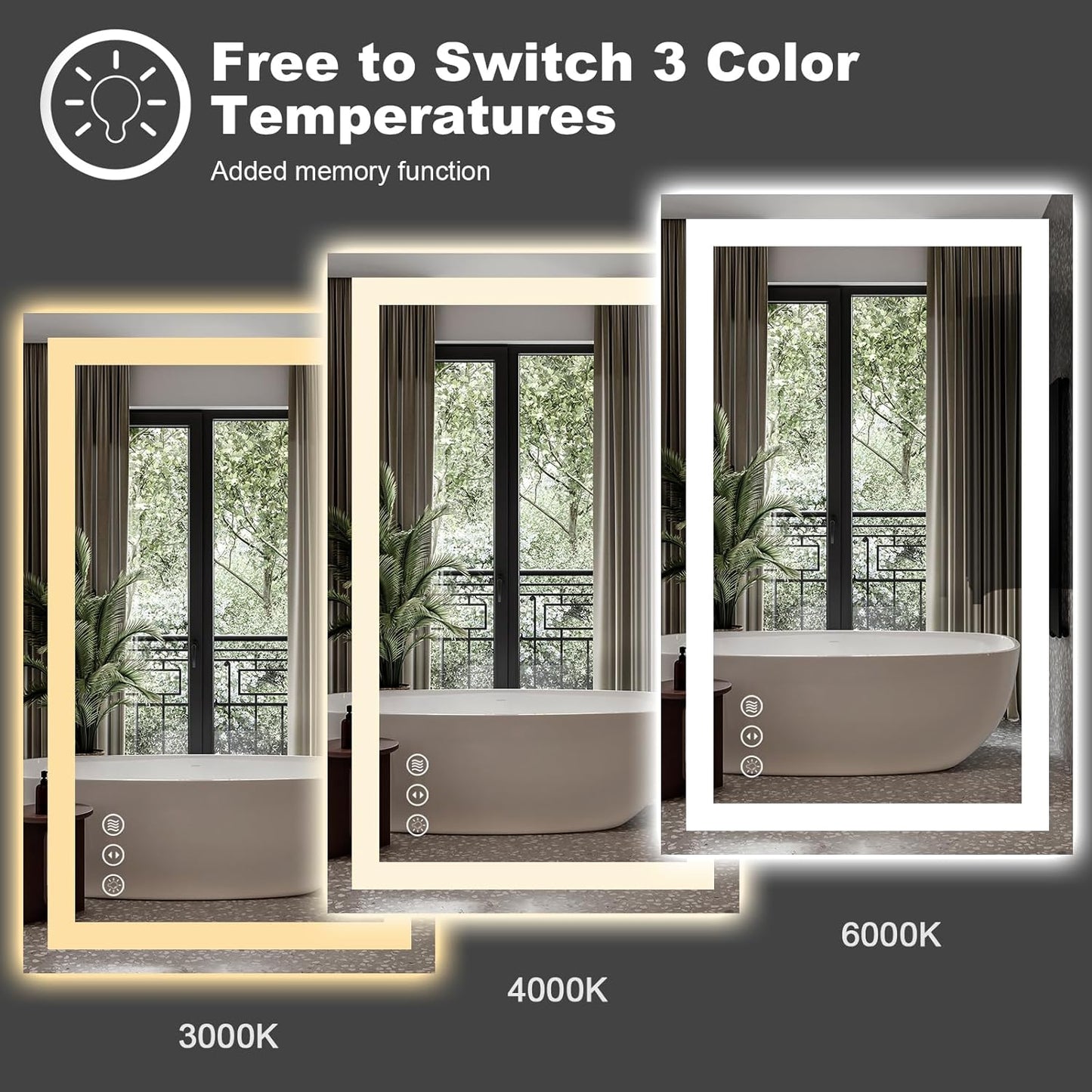 Amorho LED Bathroom Mirror 60'' X36'' with Front and Backlight, Large Dimmable Wall Mirrors with Anti-Fog, Shatter-Proof, Memory, 3 Colors, Double LED Vanity Mirror