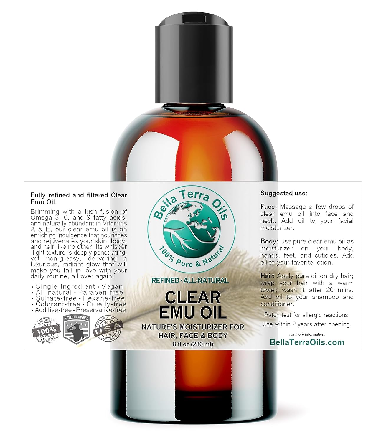 Bella Terra Oils - Clear Emu Oil 8 oz - Harnessing the Power of Pure Emu, Abundant in Natural Nutrients & Fatty Acids, Elevate Your Skin's Glow