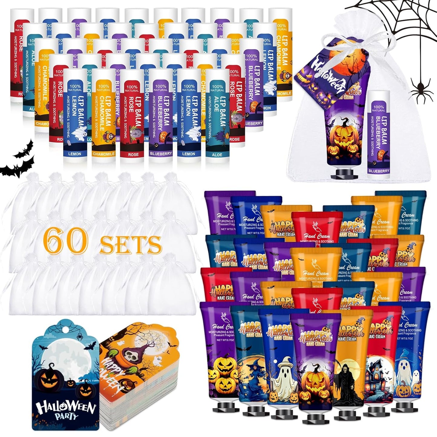 60 Pack Halloween Hand Cream and Lip Balm Set for Women, Bulk Hand Lotion for Halloween Gifts, Halloween Party Favors, Party Supplies, Decorations, Goodie Bags with Halloween Card and Organza Bags