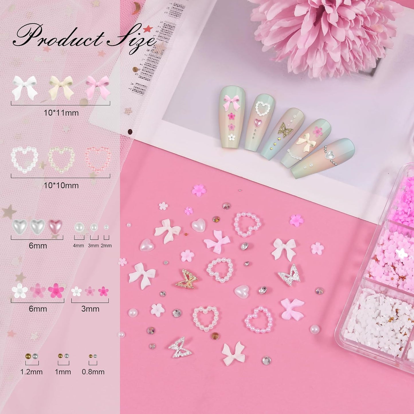 Artdone Nail Art Studs Kit, 12 grids 8 Colors 3D Charms and Pink Mix White Flower Heart Diamond Butterfly Cute Nail Jewels for DIY Decoration with Pickup Tools