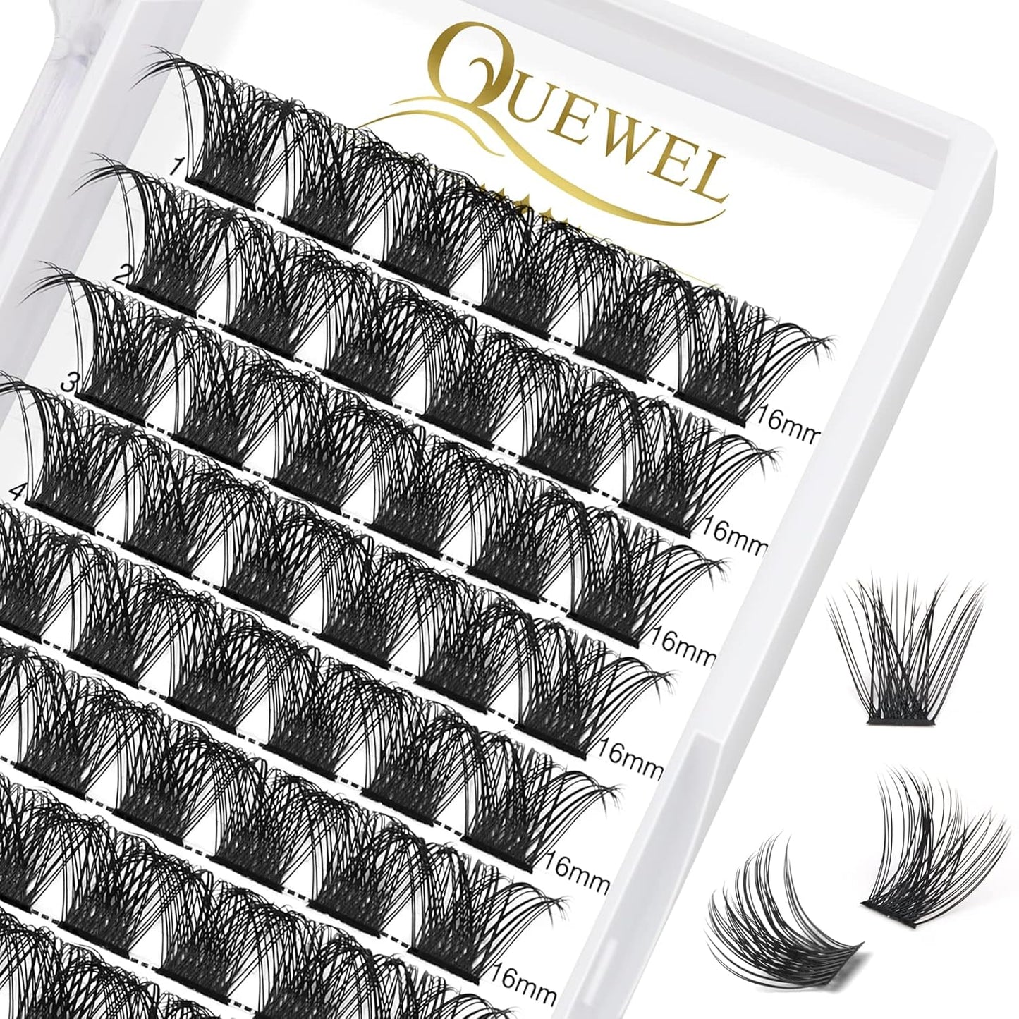 QUEWEL Lash Clusters 72 Pcs Cluster Lashes Wide Stem Eyelash Clusters C/D Curl 8-16mm DIY Eyelash Extensions Mega Style for Self Easy To Use at Home (Mega-D-16)