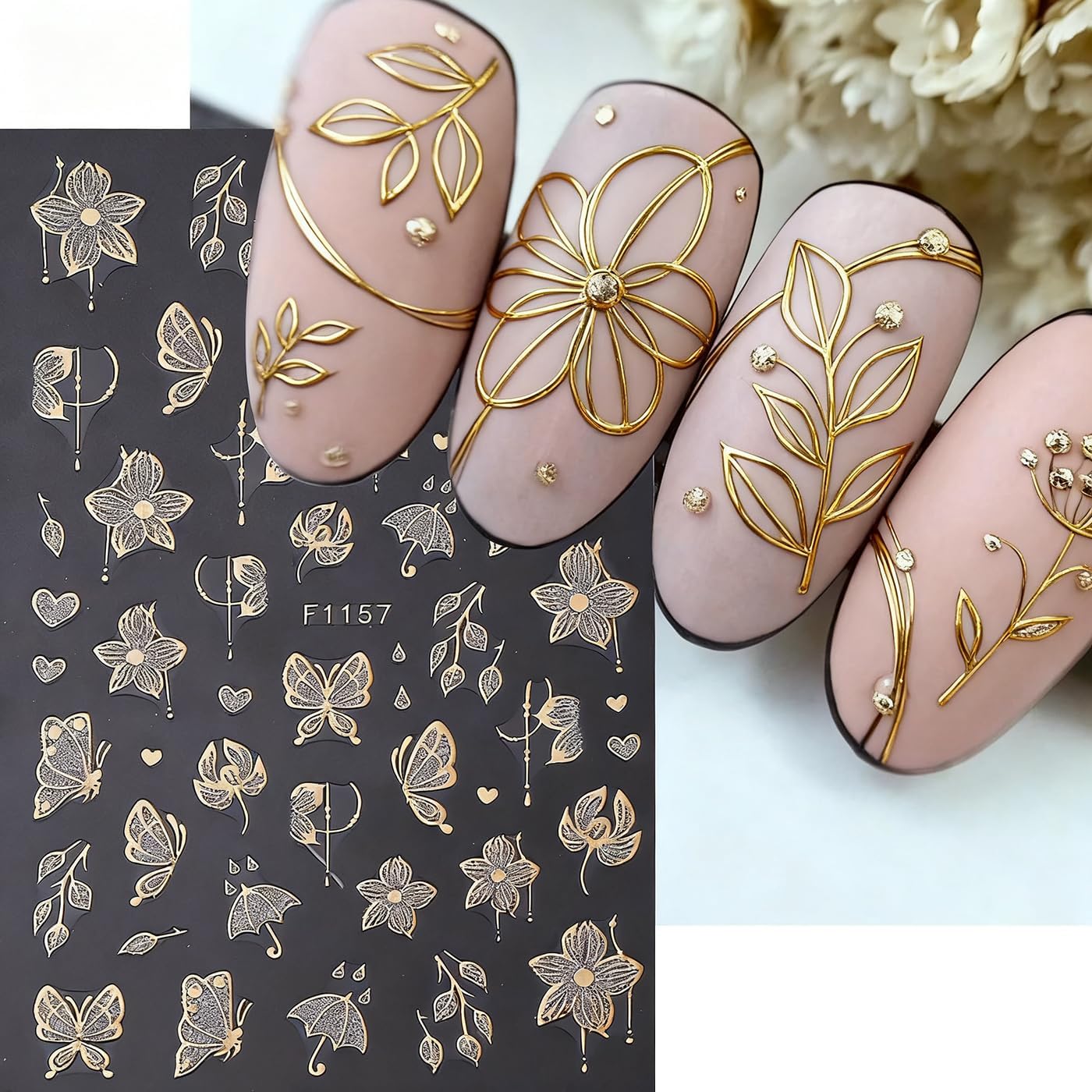 Fall Maple Leaves Nail Art Stickers for Thanksgiving, Gold Maple Leaves Nail Decals 3D Self-Adhesive with Flowers Butterfly Design 6Pcs French Tip Glitter Nail Art Supplies for Women Nail Decoration