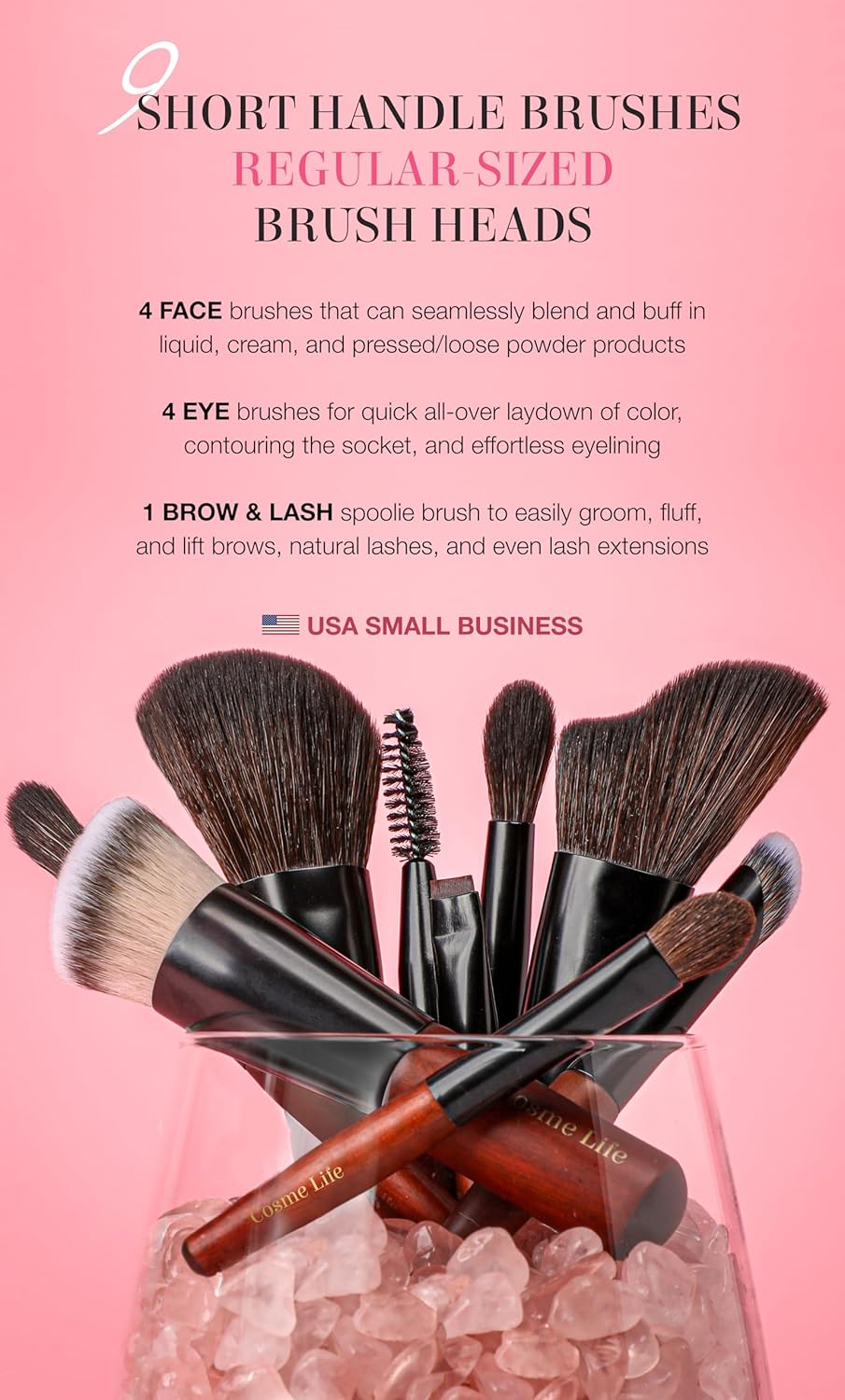 Cosme 9 FLAWLESS FACE MINI Makeup Brush Set: Foundation, Eyeshadow, Blush, Contour, Powder Make Up Brush Set & Case. Synthetic & Natural Hair Makeup Brushes inspo by Japanese Travel Makeup Brushes