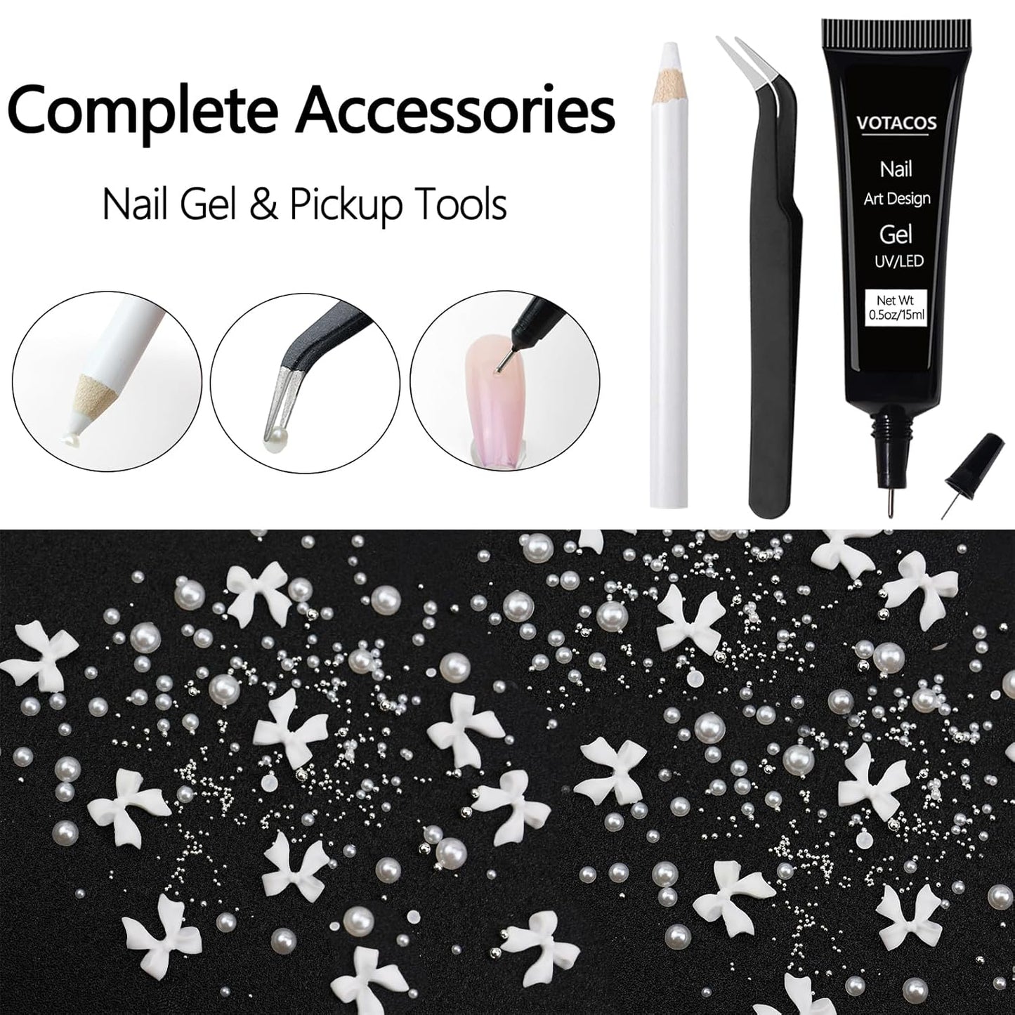 Nail Art Charms White Bow Nail Rhinestones with Glue Gel Flatback Pearls Luxurious Nails Gems Supplies Accessories White Silver Jewelry Pearls for Women Nails DIY Design