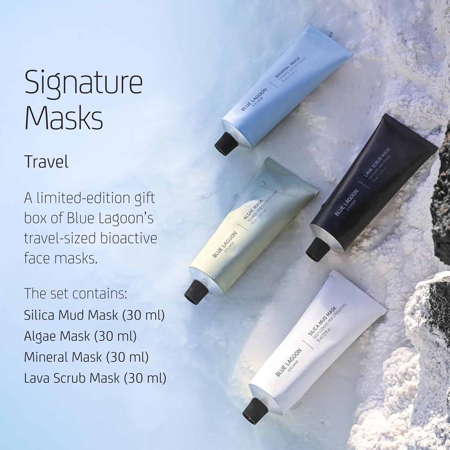 Blue Lagoon Signature Masks Travel Set, Includes Facial Mask Targeting Hydration, Calmness, Exfoliation & Nourishment, Leaving Skin Glowing and Radiant, 4 pack Skincare Gift Set