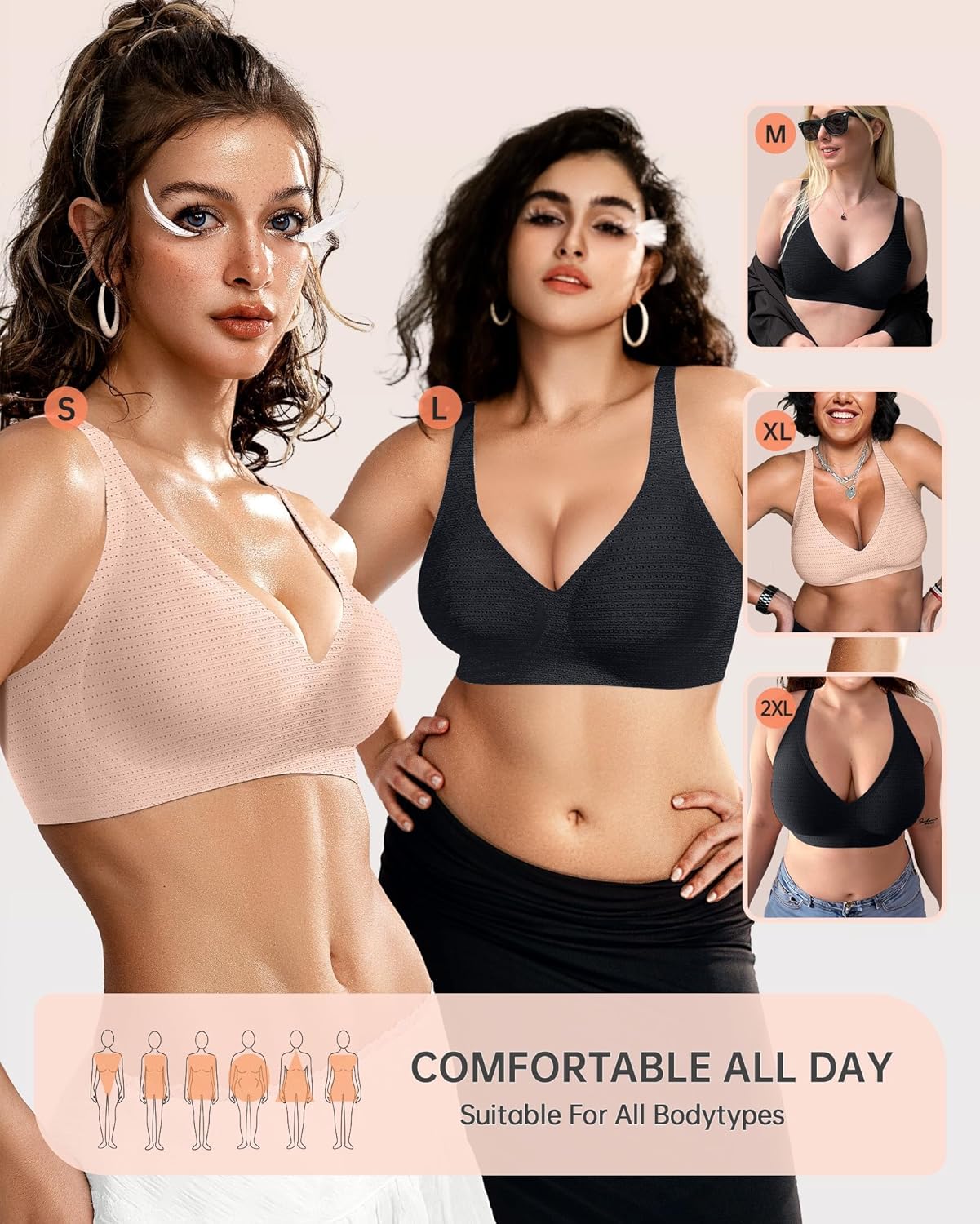 OEAK Womens Deep V Bras Wireless Comfortable Bra Supportive No Underwire Bras Tshirt Push Up Bralettes Plunge Seamless Bra