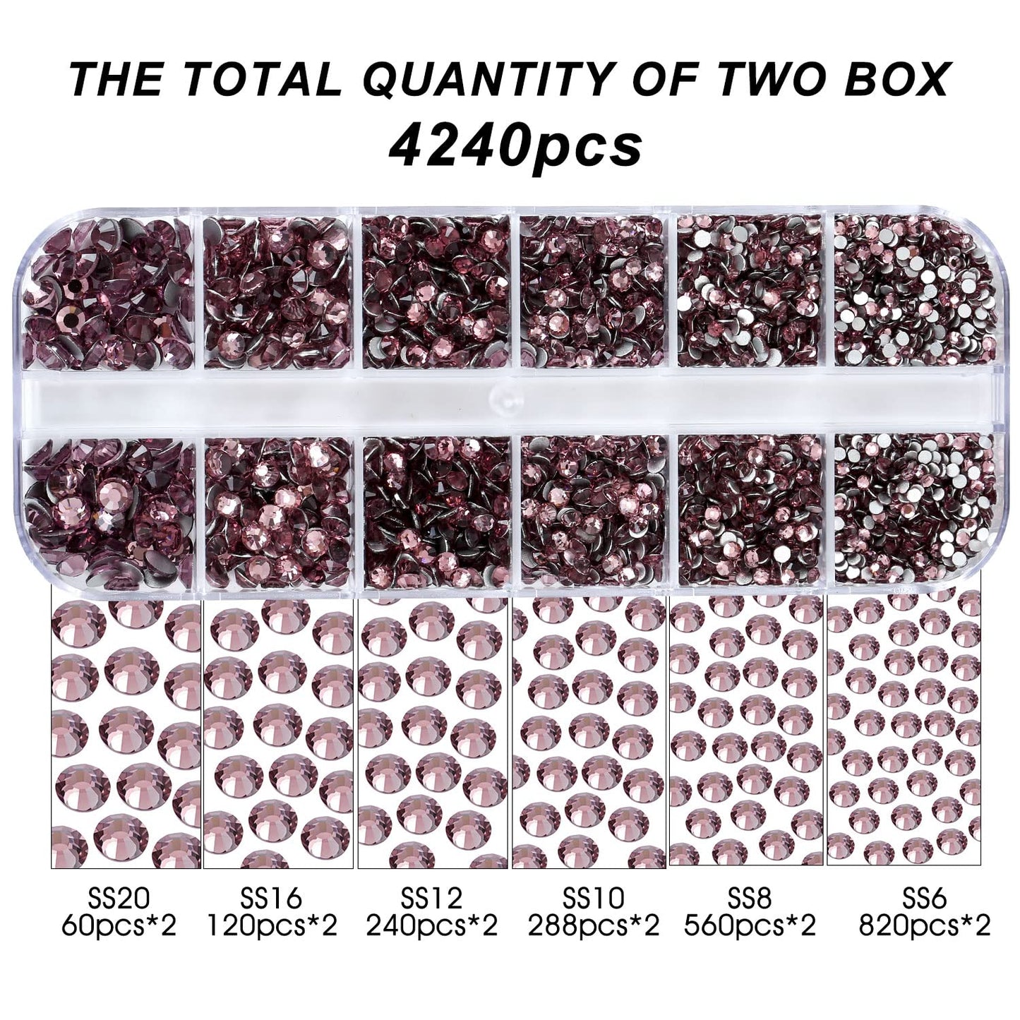 4240Pcs Flatback Light Purple Rhinestones Glass Crystal Diamonds for Nail Art Face Jewels Shiny Round with Tweezers and Picking Pen (SS6~SS20 Set)