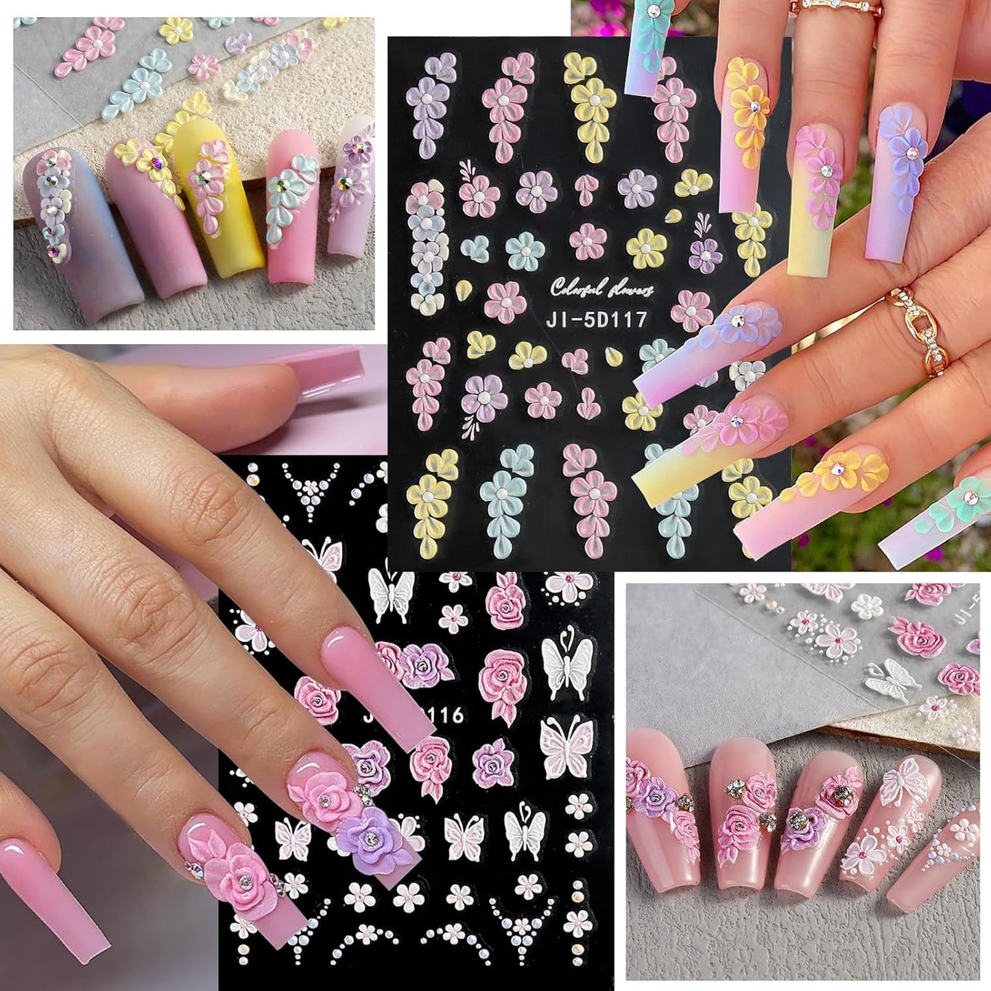 Spring Flower Nail Art Stickers Decals Floral Nail Decals Self Adhesive 5D Embossed for Women Nails Design Decoraion Colorful 3D Flower Mails Stickers Supplies
