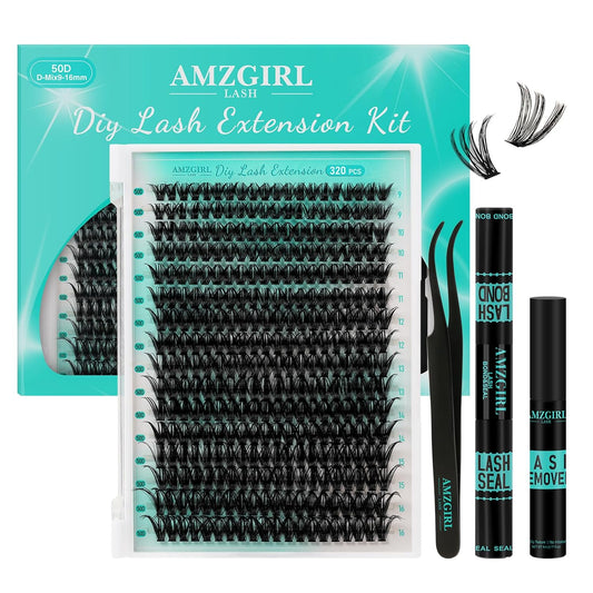 Lash Clusters Kit 320Pcs,50D Eyelash Extension Kit,Lash Bond and Seal Waterproof,Lash Remover for Individual Cluster Lashes Kit,Lash Applicator Tool for DIY Lash Extension Kit(D-Mix9-16mm Kit)