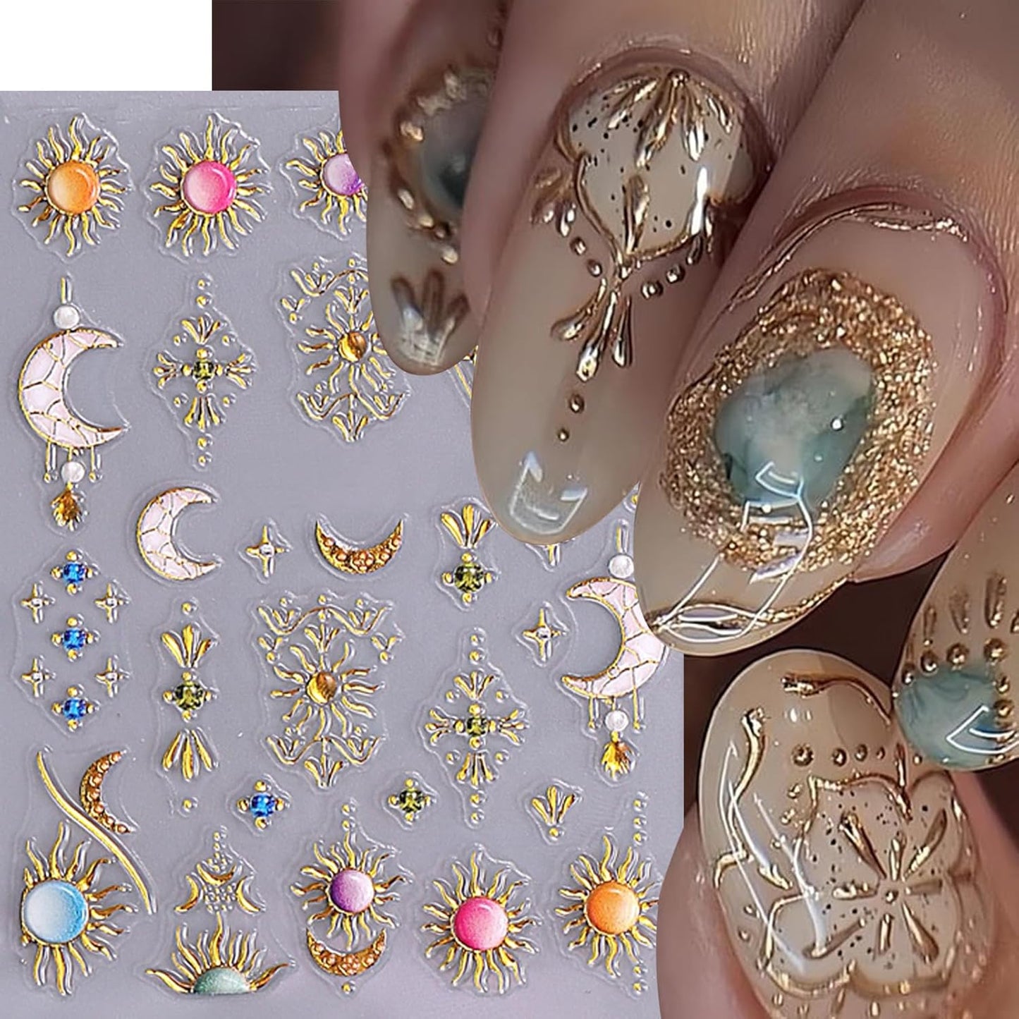 3 Sheets Bohemian Style Nail Decals Embossed Star Nail Art Stickers 5D Self-Adhesive Sun Moon Nail Stickers Flame Heart French Designs Nails Decor Boho Manicure Accessories for Women Nail Supplies