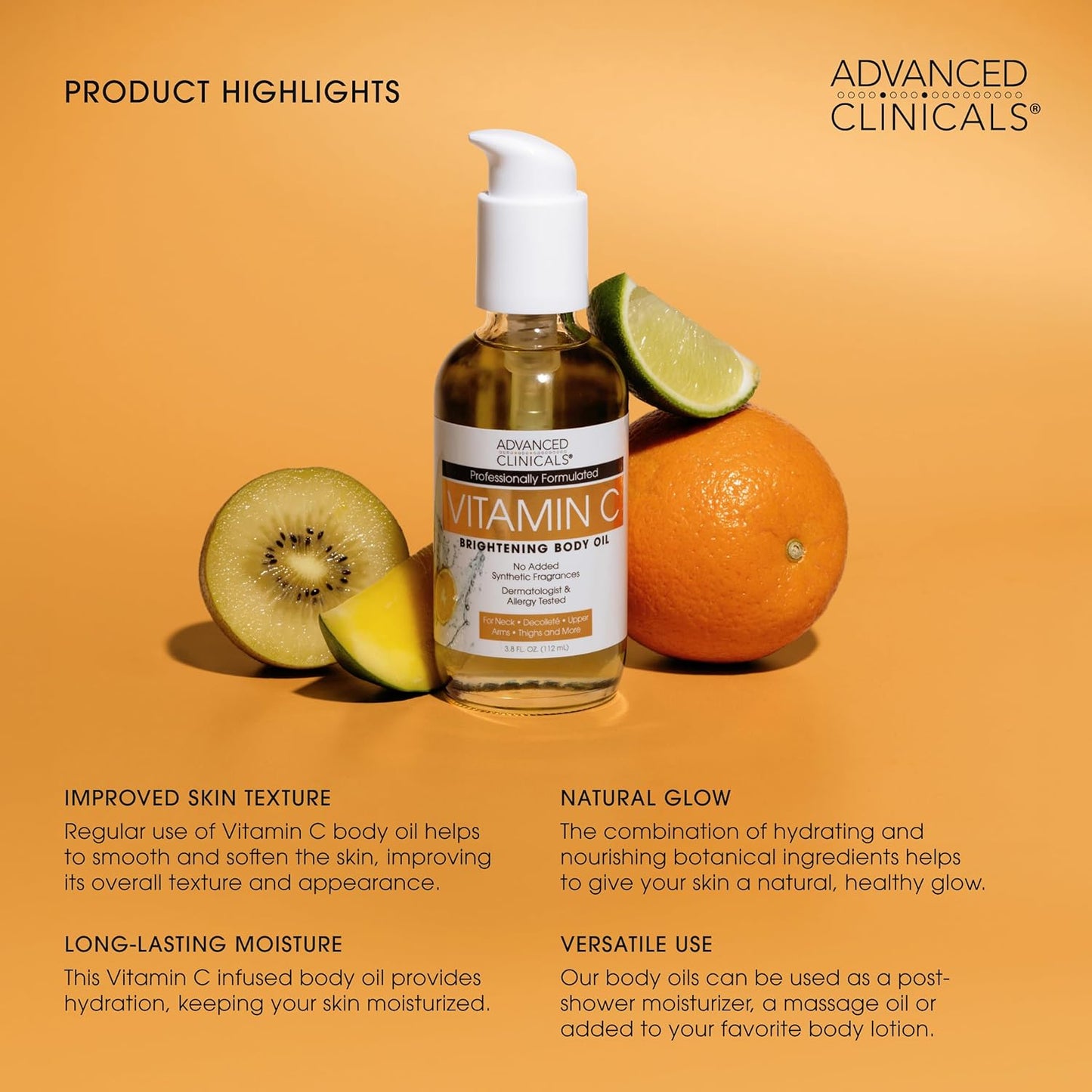 Advanced Clinicals Vitamin C illuminating Body Oil For Women & Men |Vitamin C Oil Skin Care Body Moisturizer With Vitamin E + Botanicals To Help Improve Appearance Of Dark Spots + Dry Skin, 3.8 Fl Oz