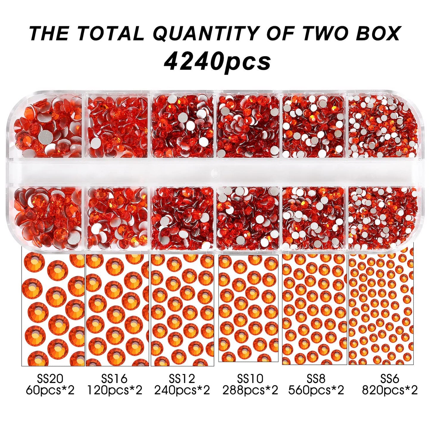 4240Pcs Orange Flatback Rhinestones 6 Sizes Crystal Diamonds for Nail Art Crafts Clothes Shoes with Tweezers and Picking Pen