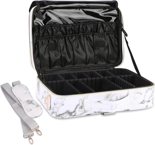 JOURMON Travel Makeup Case 3 Layers Makeup Train Case Marble Makeup Bag Organizer Portable Artist Storage Bag with Adjustable Dividers and Shoulder Strap (Marble white)