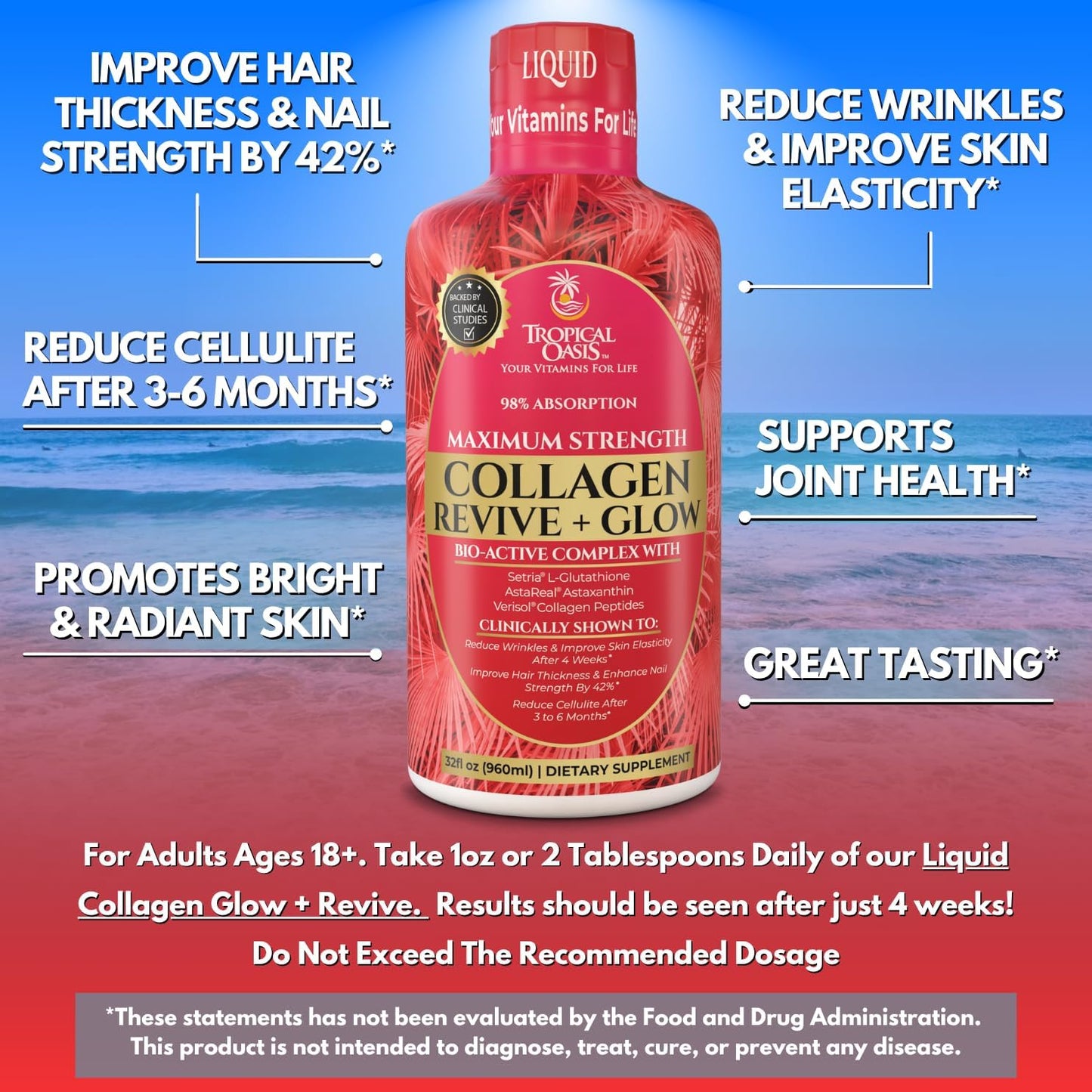 Liquid Collagen Glow for Women & Men– 5000mg VERISOL Hydrolyzed Collagen Peptides + Biotin | Supports Skin Elasticity, Hair Growth, Strong Nails | Clinically Studied Ingredients| 32 Serv