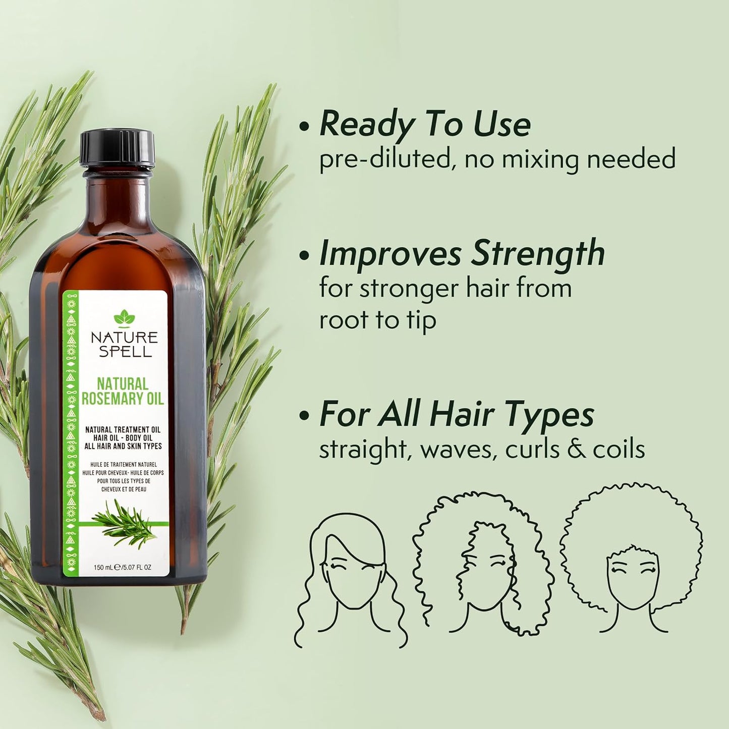 Nature Spell Rosemary Oil For Hair Growth, Pre-Diluted Hair & Scalp Oil Nourishes Dry, Damaged Hair, For Women & Men, 5.07 Fl Oz