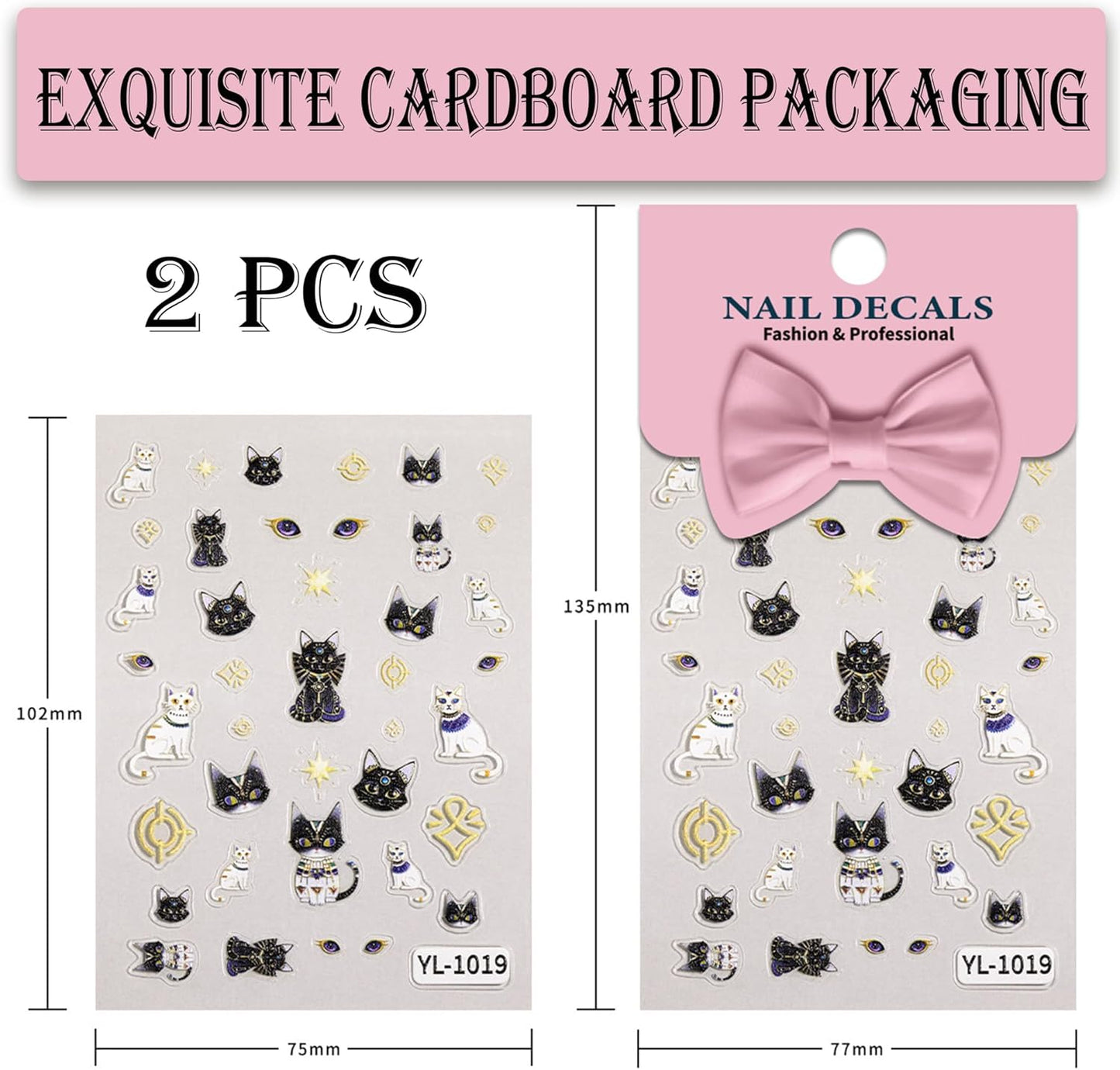 5D Egyptian Cat Nail Art Stickers, Embossed Nail Decals Supplies Self Adhesive Nails Sticker DIY Acrylic Nail Accessories - 2 Sheets