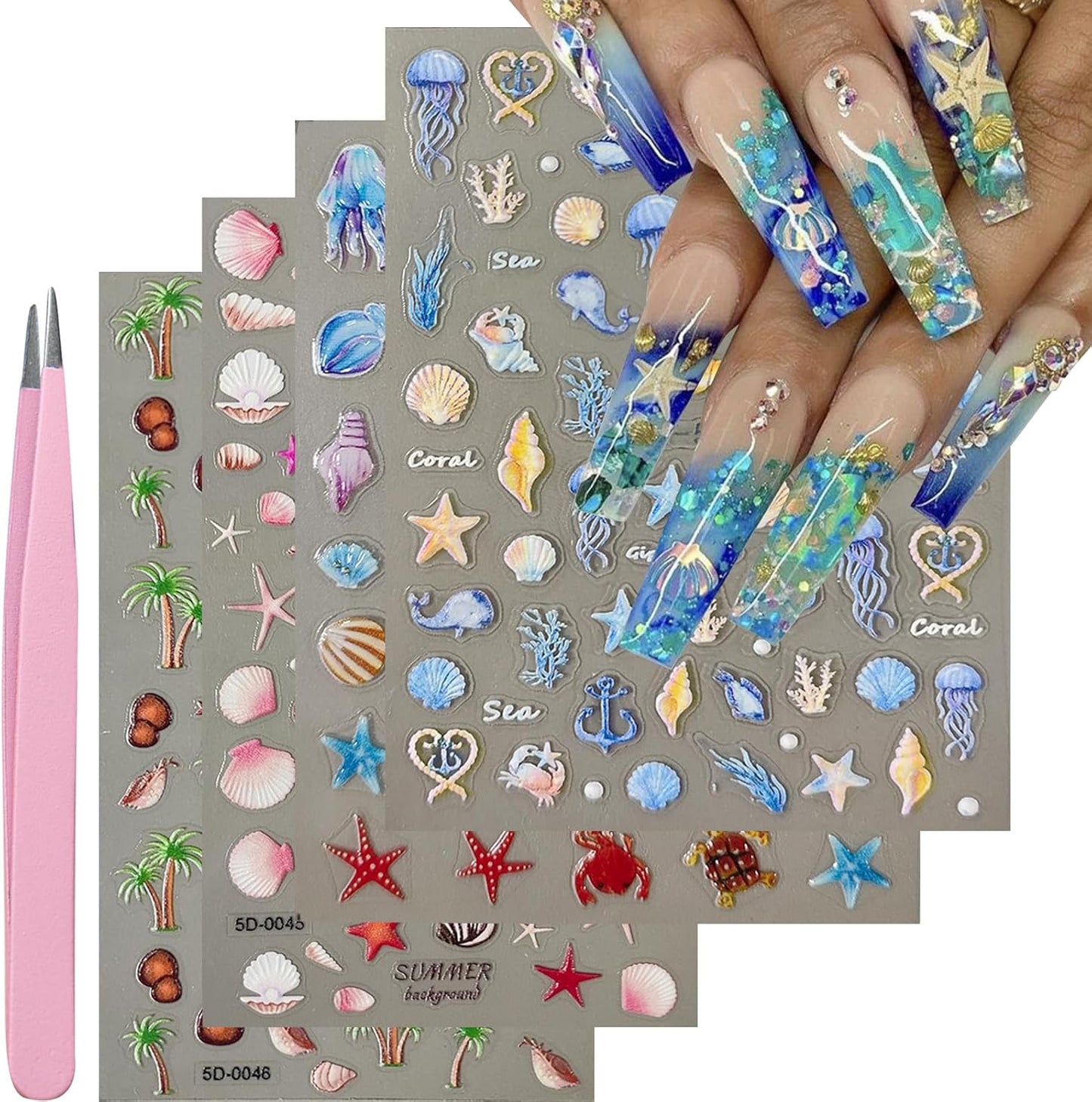 Summer Nail Art Stickers Decals Beach Style Nail Decals Self Adhesive 5D Shell Coconut Tree for Women Nails Design Decoraion 3D Beach Mails Stickers Supplies