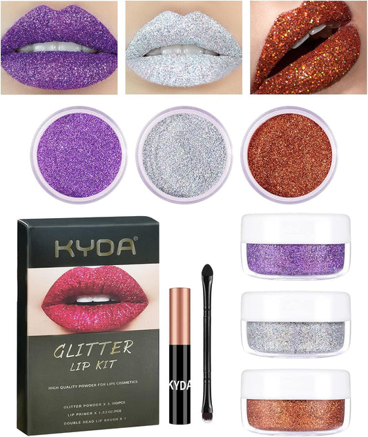 3 Colors Glitter Lip Kit, Diamond and Metallic Powder With Primer, Waterproof Long Lasting & Smudge Proof, Shimmer Sparkly Cosmetic Without Sticky Flake Off Set C