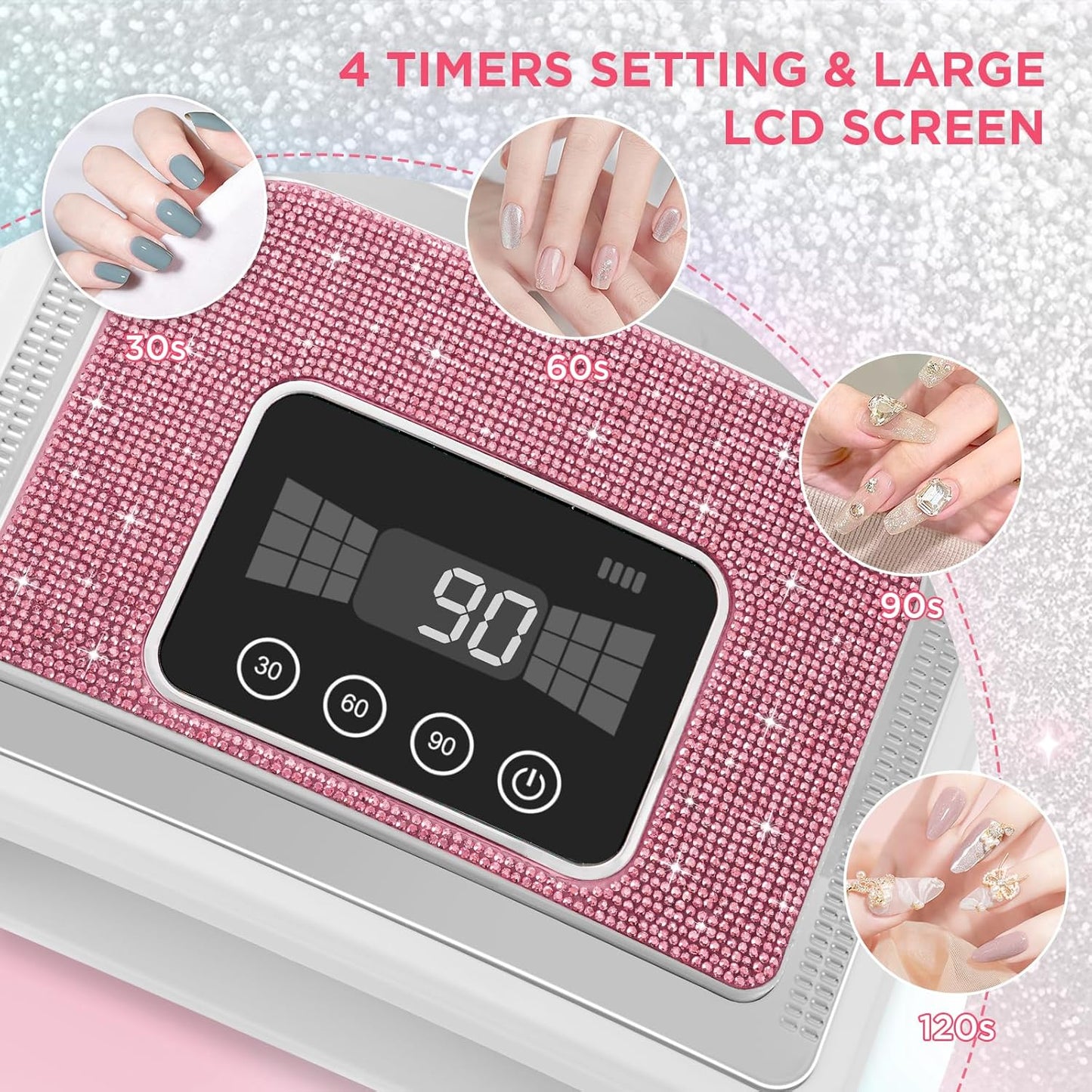 Cordless Nail Lamp, Rechargeable UV Nail Lamp for Gel Nails, LED Nail Lamp with 4 Timer Modes, Gel Nail Light Decorate with Sparkling Nail Rhinestones Diamond (Sparkly Pink Diamond)