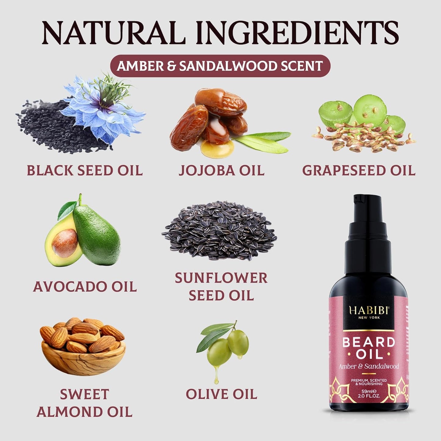 H HABIBI Amber & Sandalwood Beard Oil – 2.0 Fl. Oz Naturally Derived Beard Growth Oil for Men, Beard Care Essential – Hydrates, Nourishes & Promotes Healthy Growth, Made in USA