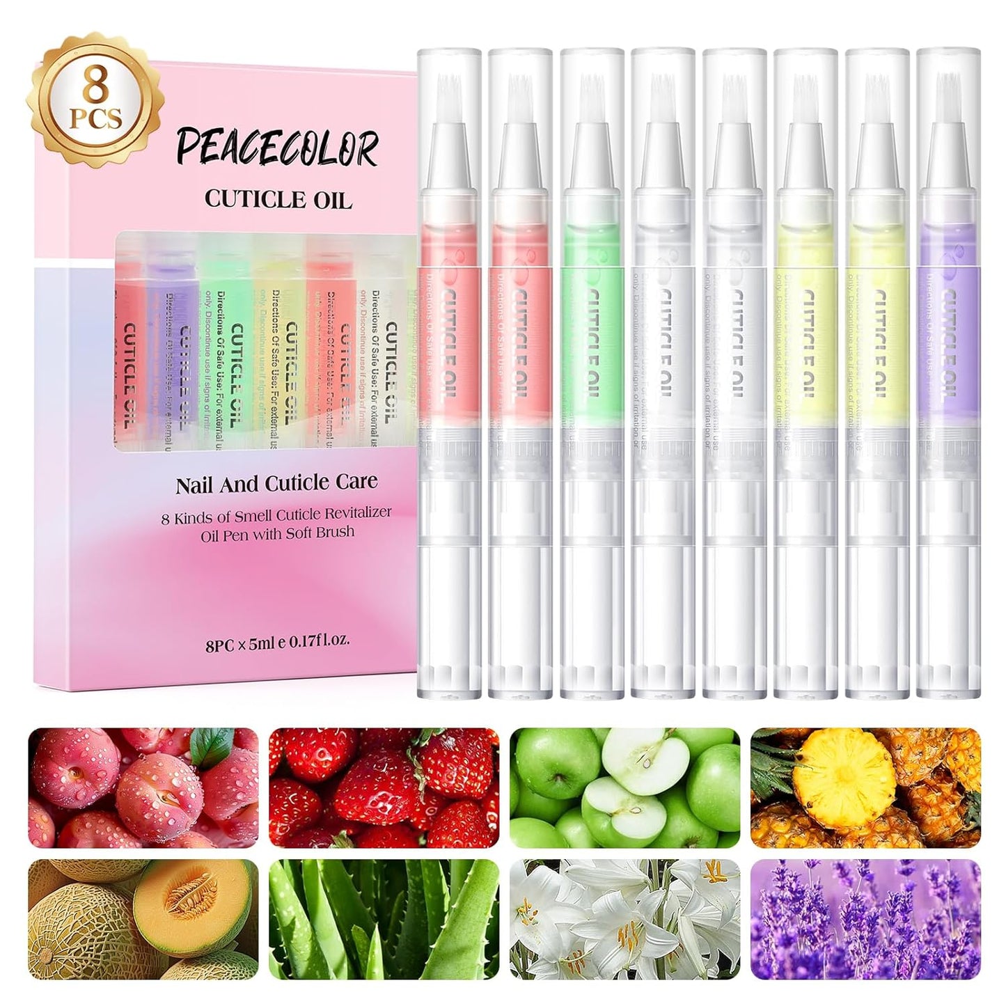 Peacecolor 8Pcs Cuticle Oil Pen for Nails Nail Oil Cuticle Pen for Nourishing Dry Damaged Cuticles Multiple Flavor Cuticle Revitalizer Oil Pen Nail Strengthener Nail Care Kit
