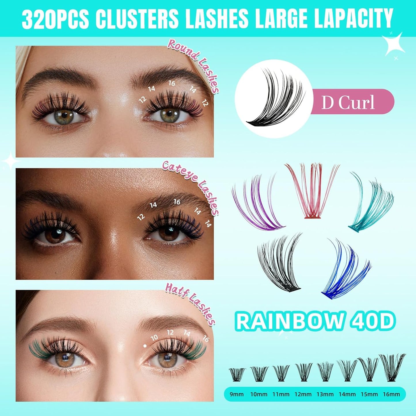 Lash Clusters 320PCS Eyelash Extension 40D Colorful Cluster Lashes Individual Lashes DIY Lash Extension Natural Look Cluster Eyelash Extensions False Eyelashes at Home for Beginners(D-Mix9-16mm)