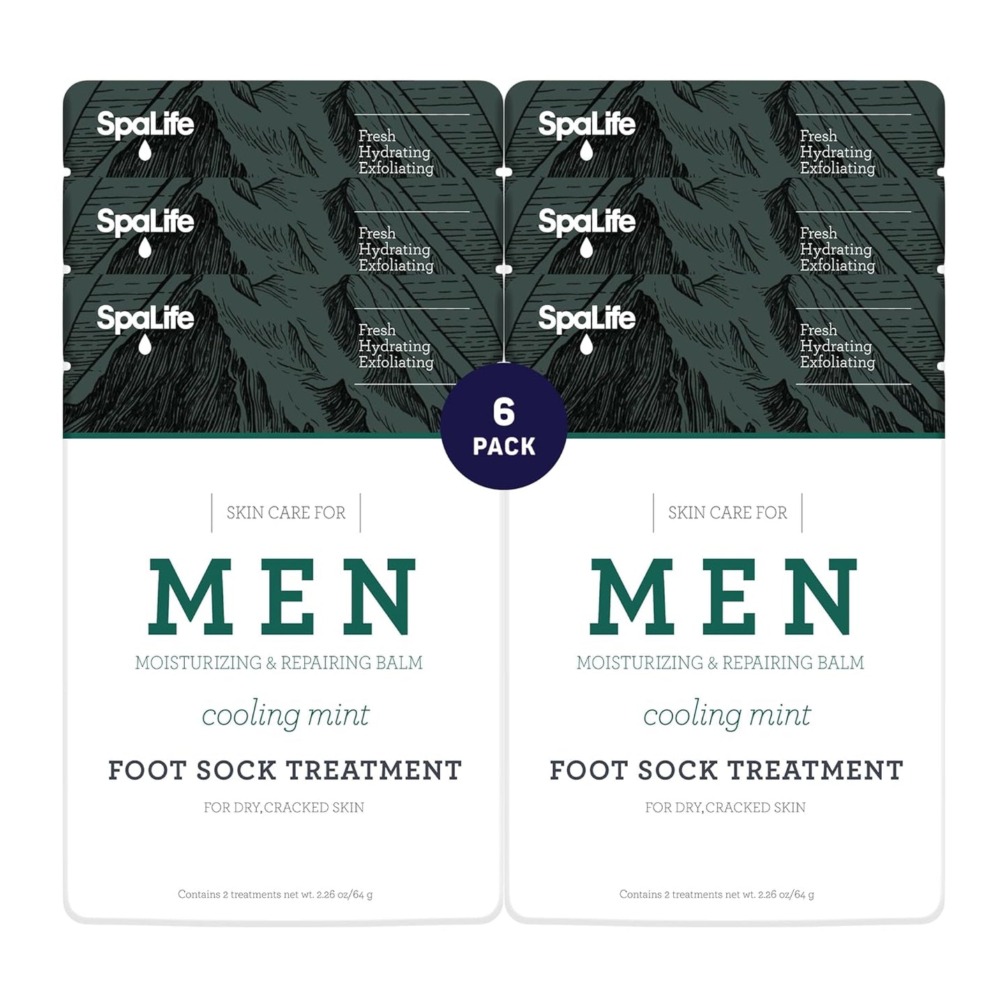Spa Life Men's Cooling Mint Foot Repair Balm and Moisturizing Socks Set - Revitalizing Hydrating Foot Mask for Soothing Tired, Achy Feet and Softening Dry, Cracked Skin One Size Fits Most- 6 Pairs