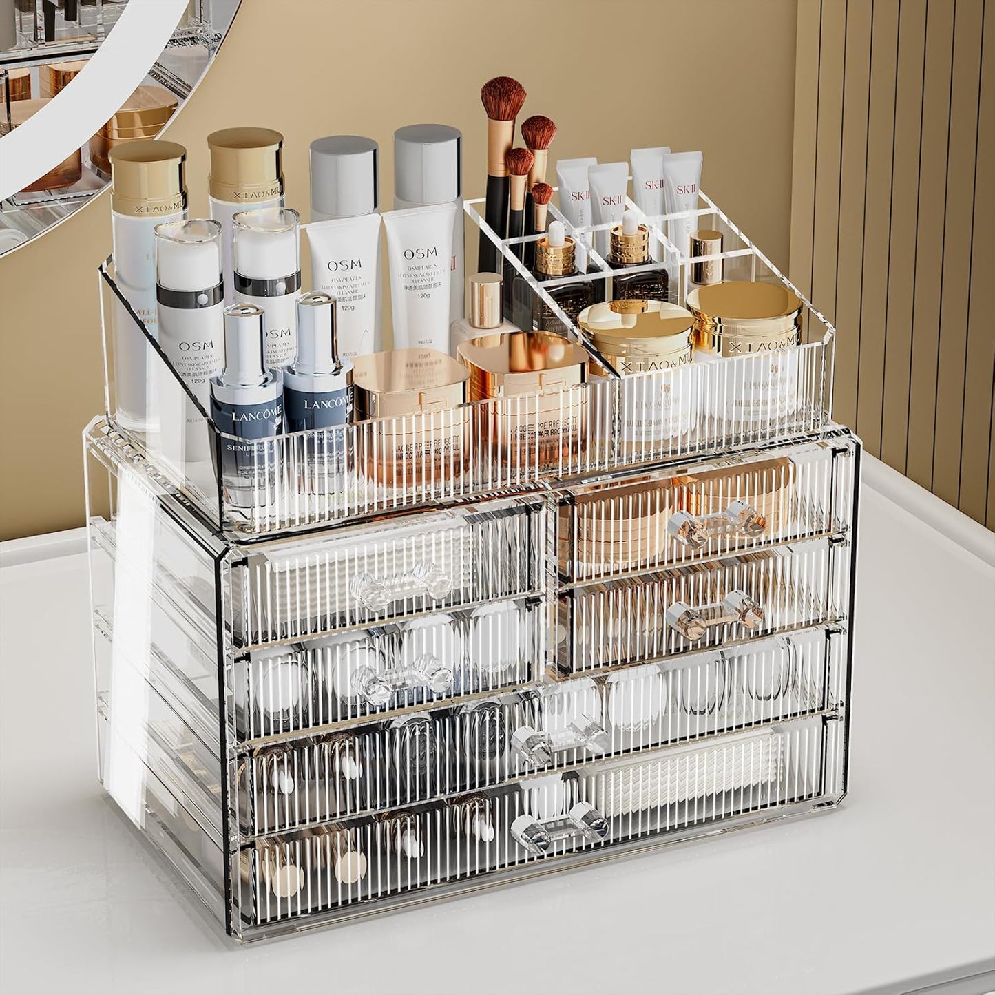 ZHIAI Stackable Storage Drawers, Acrylic Bathroom Counter Organizer Clear Makeup Organizers for Vanity, Kitchen Cabinets, Bathroom, Undersink, Home Organization and Storage (1 Top 6 Drawers)