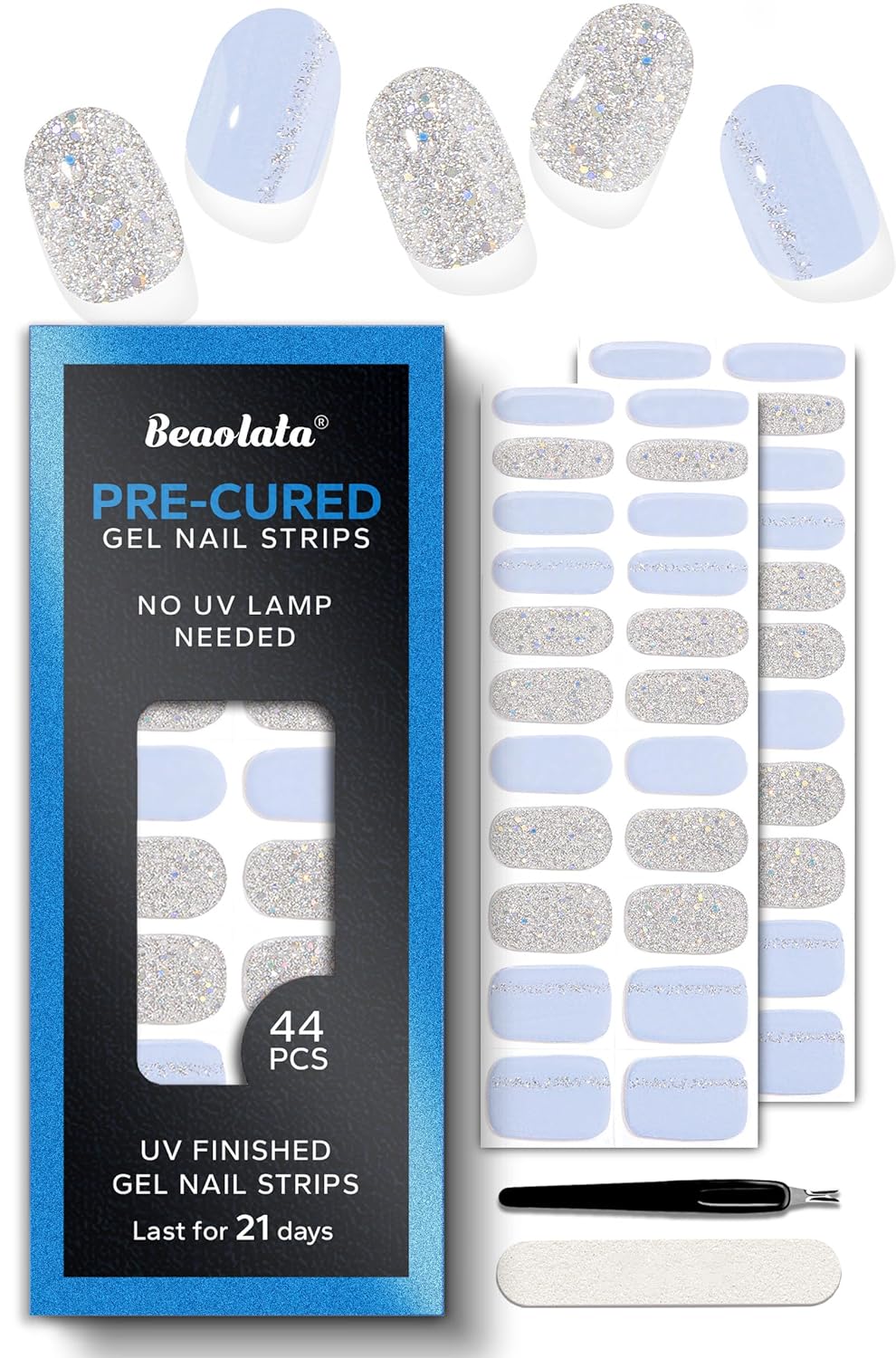 Pre Cured Gel Nail Strips - 44PCS Salon Quality Gel Nail Stickers - Long Lasting Polish Wraps for Women no UV Light Needed Easy Apply& Remove (Unicorn Silver Magic）