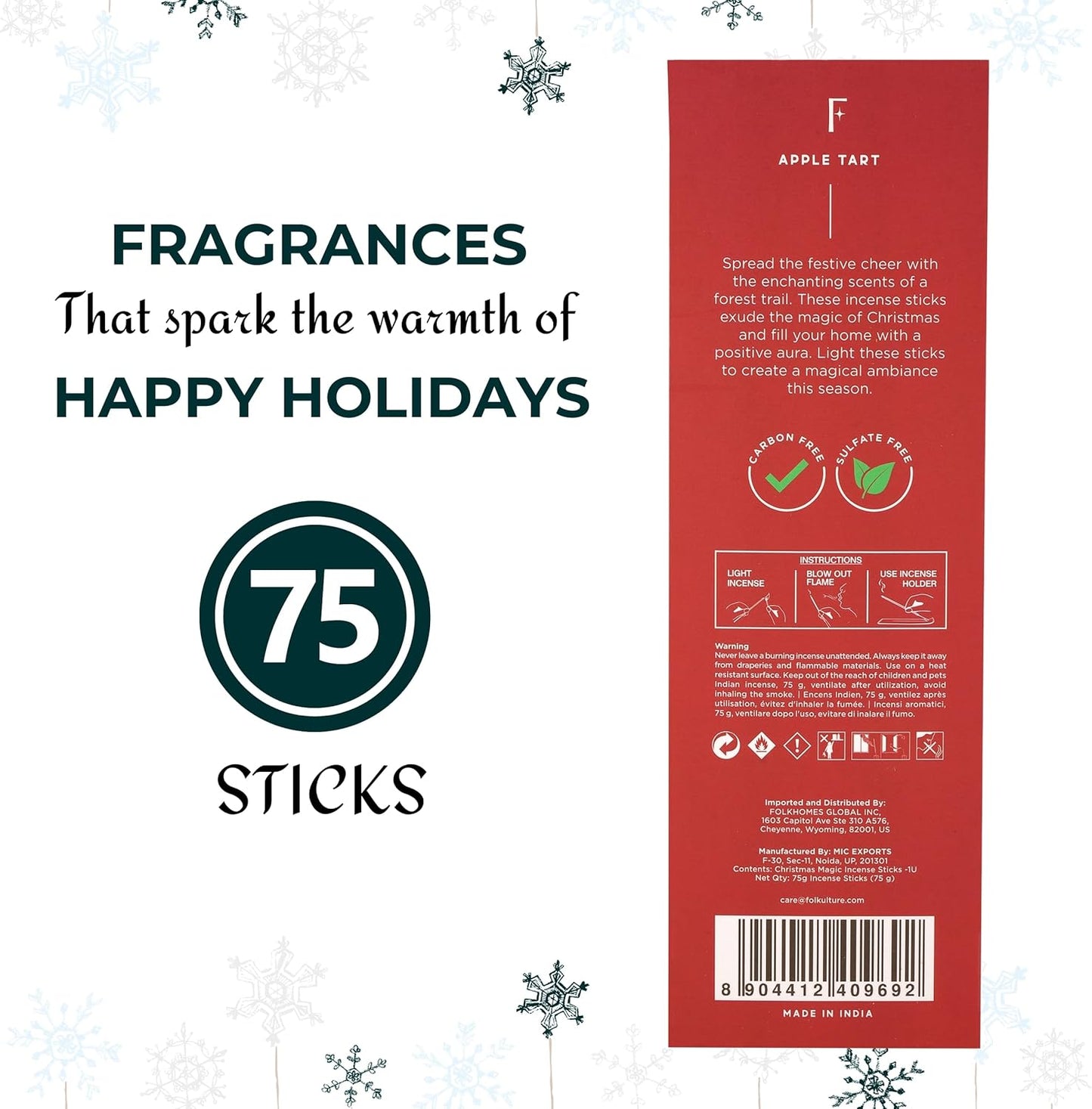 Folkulture Christmas Incense Sticks for Home | Pack of 75 Insenses for Cleansing | Natural and Non Toxic Insence Sticks for Gifts for her | Organic Apple Tart Inscents (Christmas Magic)