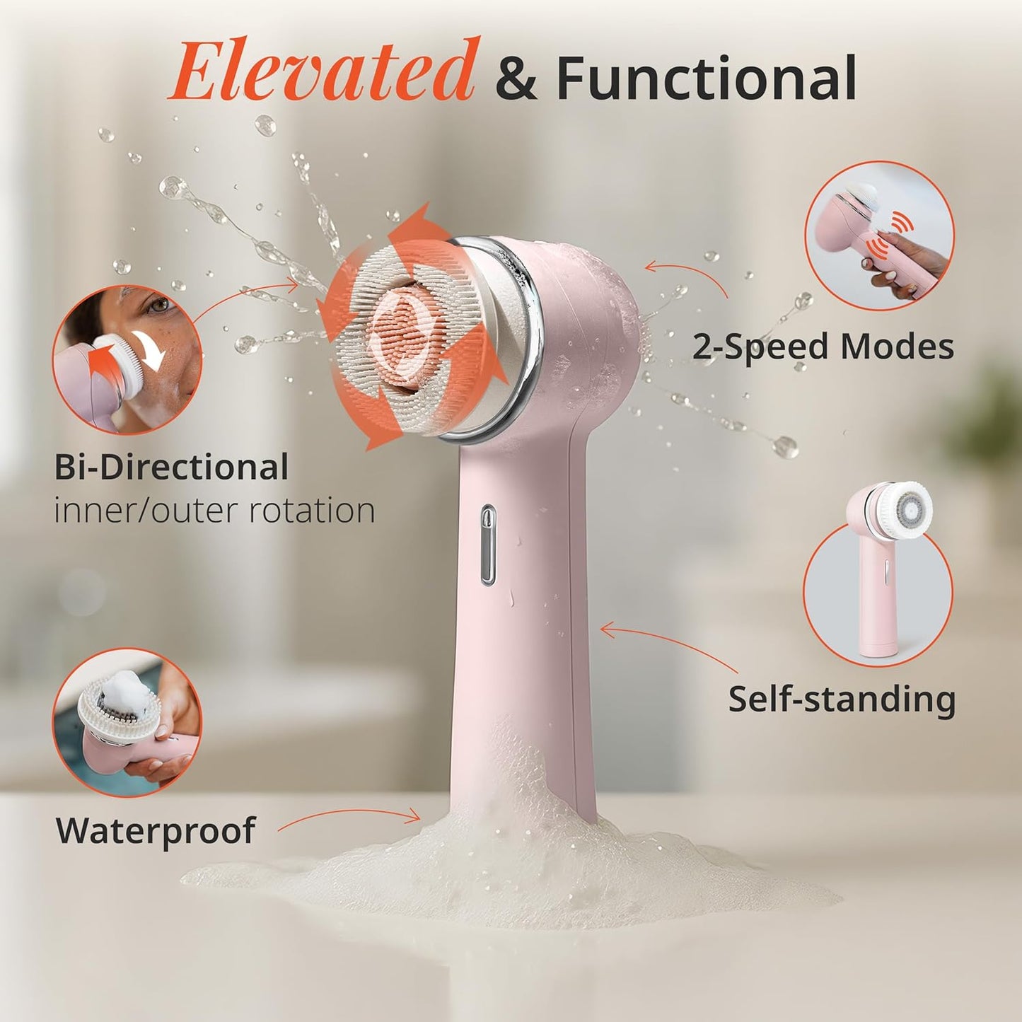 Vanity Planet Raedia 2.0 Facial Cleansing Brush, 4 Interchangeable Brush Heads, Pink - Daily Cleansing Face Exfoliator for Glowing & Acne Prone Skin - Lightweight Silicone Water-Resistant Body Brush