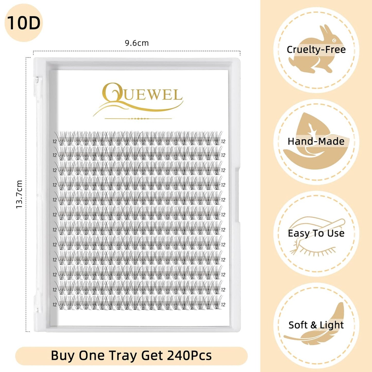 QUEWEL Cluster Lashes 240Pcs Individual Lashes 10D 0.10D Curl 12mm Knot-Free Lash Extensions Clusters Lashes Soft&Natural False Eyelashes Individual DIY Eyelash Extension at Home(10D 0.10D 12)