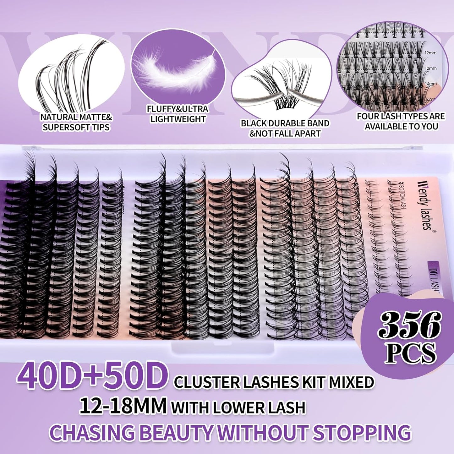 Lash Clusters With Bottom Lashes 356PCS 40D/50D Multi-types Fluffy Lash Clusters C/D Curl Wispy Individual Lashes Spike Volume Cluster Eyelash Extensions By Wendy Lashes(40/50D-0.07D)