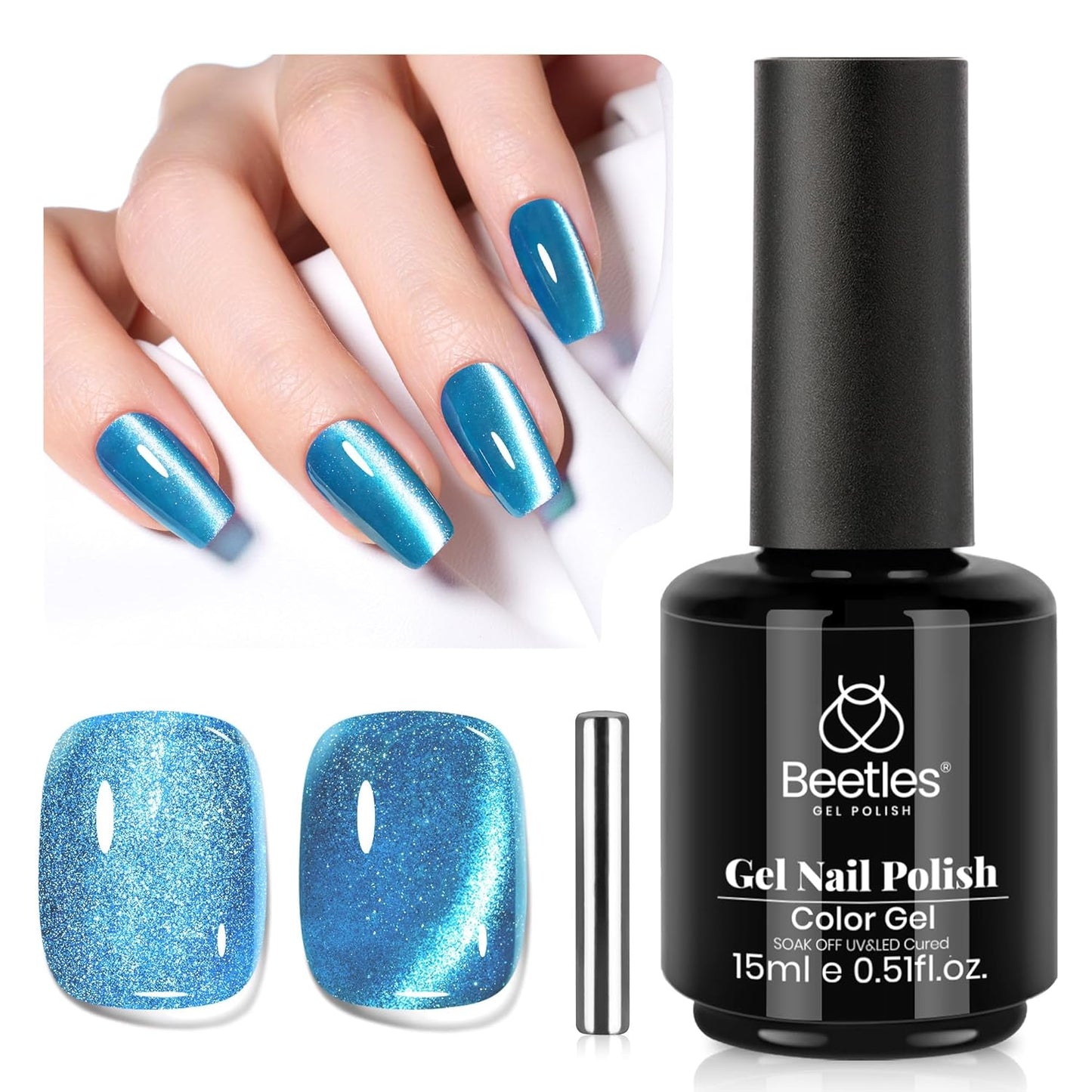 Beetles Blue Cat Eye Gel Polish, 15ML Blue Cat Eye Glitter Gel Polish with Magnet Shimmer Velvet Gel Soak Off UV Stellar Ocean Collection French Nail Art Design Manicure Summer Gifts for Women