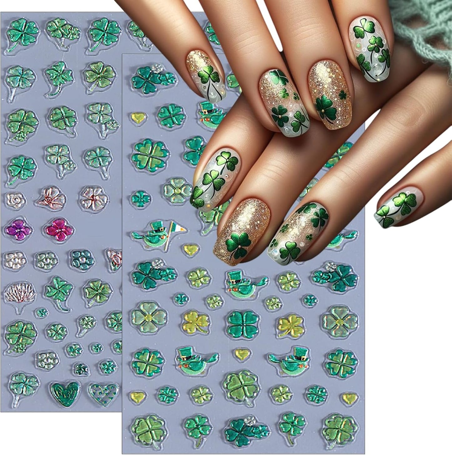 2 Sheets Irish Four-Leaf Clover Nail Art Stickers St. Patrick's 5D Self-Adhesive Embossed Green Shamrock Nail Decals Design Lucky of Irish Spring Leaf Nail Supplies for Women Nail Decoration