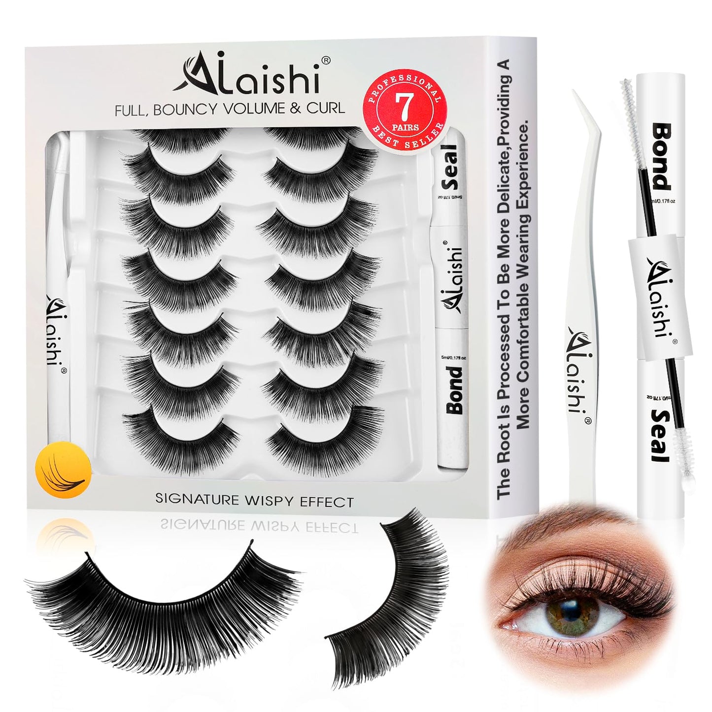 Fluffy False Eyelashes Kit With Bond, Seal and Tweezer, 7 Pairs Natural Look Fake Cat Eye Lashes Strips Thin Band Extensions Waterproof Easy Eyelashes for Beginners DF79