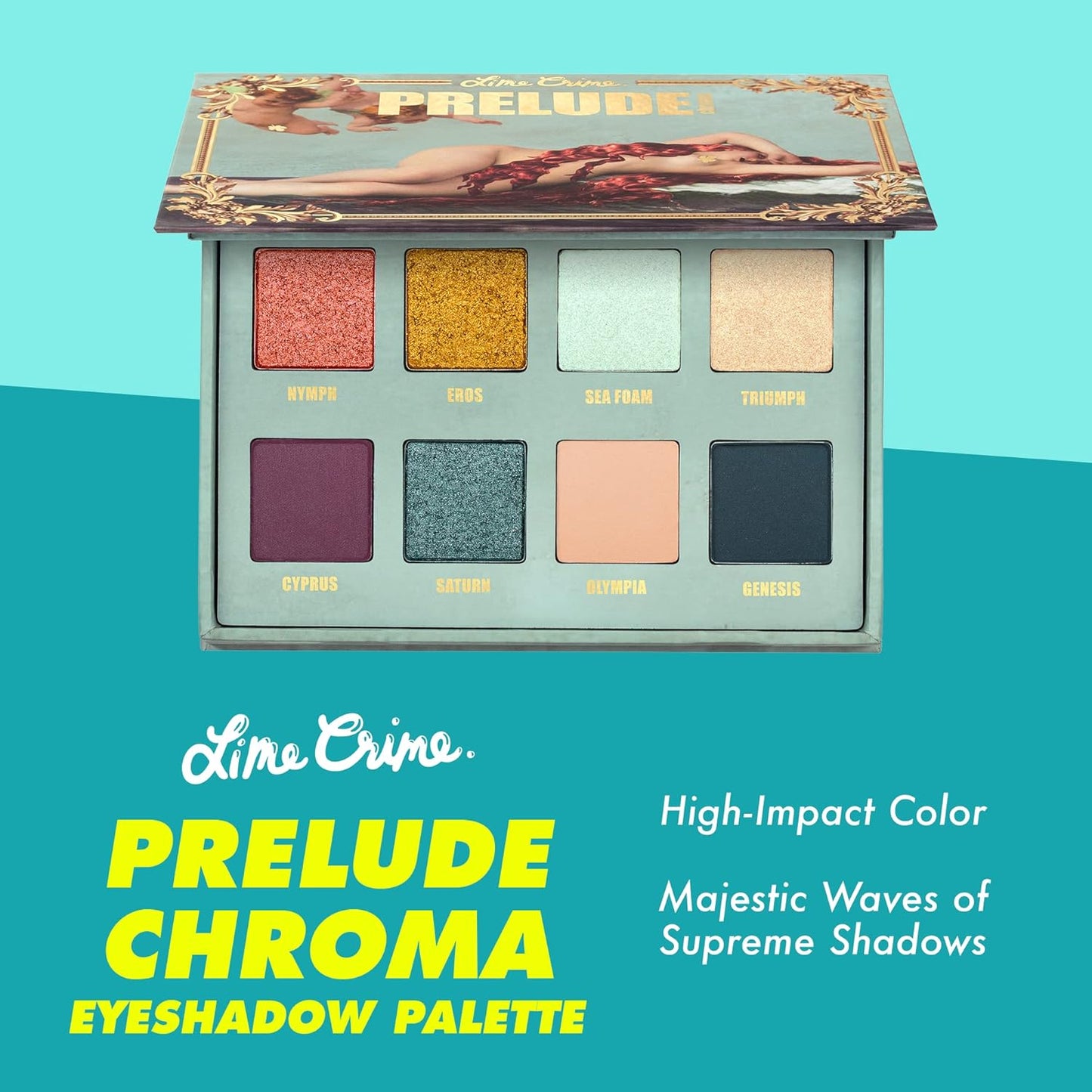 Lime Crime Eye & Face Palette, Prelude, Chroma - 8 Highly Pigmented Matte & Metallic Shades of Golds, Deep Purple & Teal - Highly Pigmented Color & Easy to Blend - Mirrored Box - Vegan