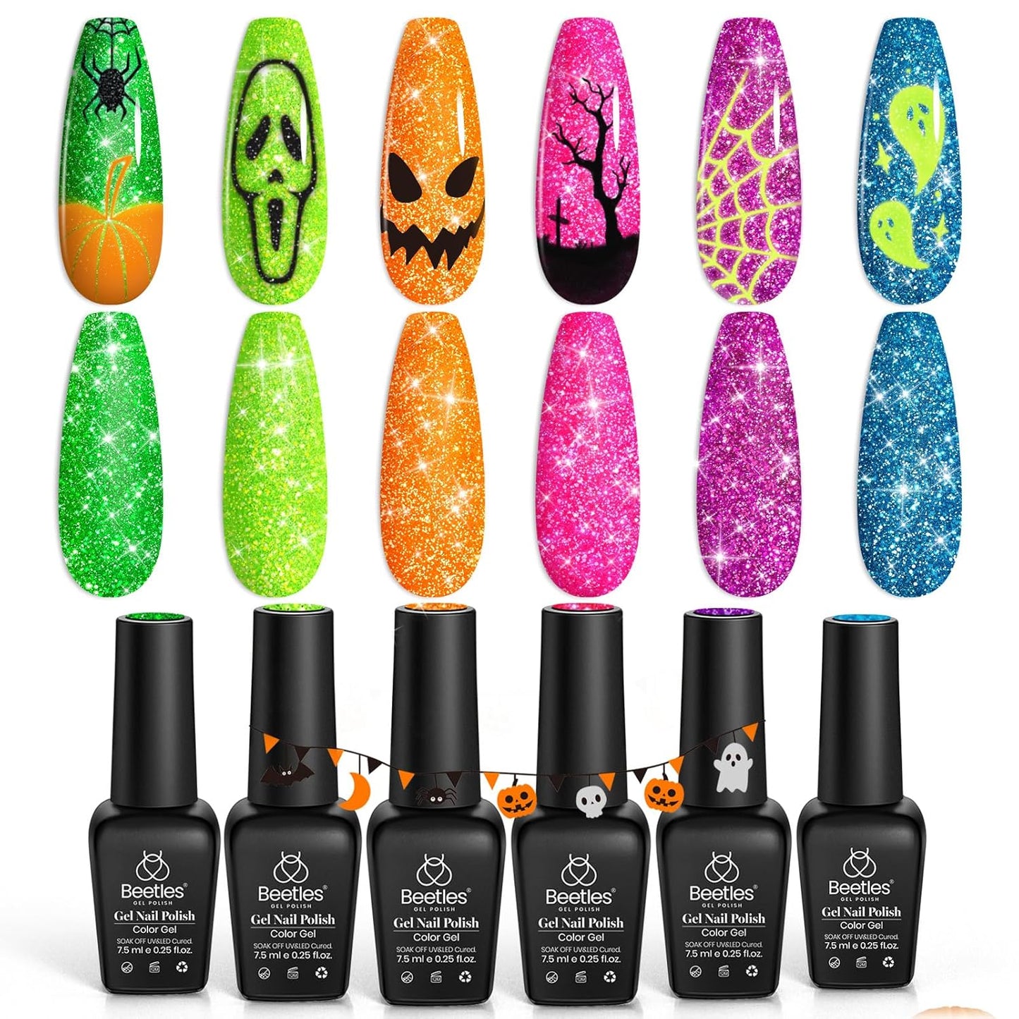 beetles Gel Polish Neon Carnival 6 Colors Reflective Glitter Gel Nail Polish Set Nails Blue Hot Pink Purple Soak Off Uv Led Sparkly bright Colors Halloween Nail Polish Kit Gift for Women