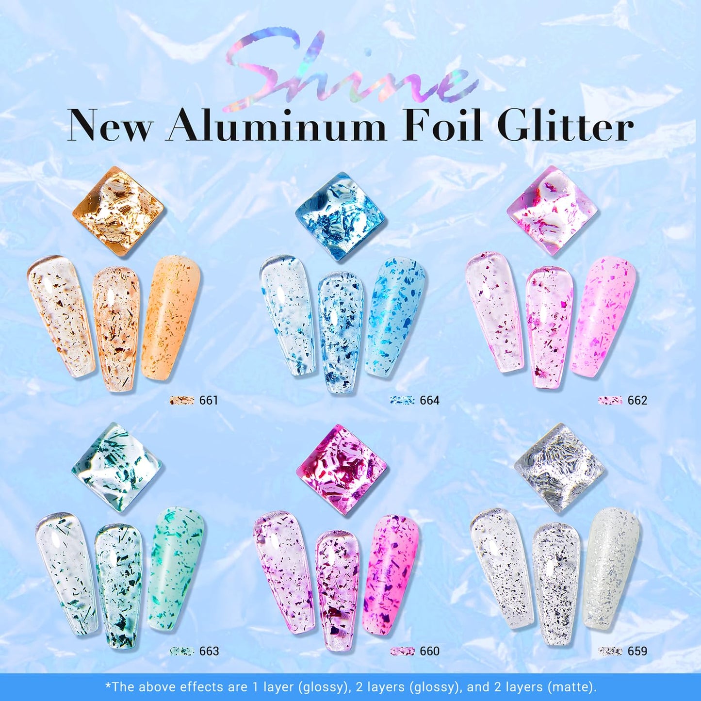 AZUREBEAUTY Dip Powder Nail Set, Blue Green Yellow Silver Light Dark Pink with Sparkle Aluminum Foil, 6 Colors All Seasons Dipping Powder Starter Kit Nail Art Manicure Salon, No Need Nail Lamp Cured