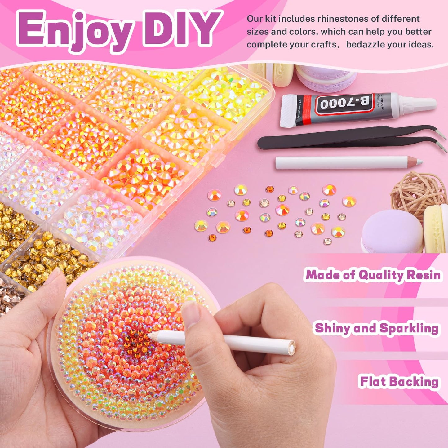 20000Pcs Yellow Rhinestones for Bedazzling with 3Pcs B7000 Jewelry Glue, Resin Rhinestones for Crafting Crafts，Bedazzler Kit Flatback Gems for Clothing Shoes Tumblers Nail Art